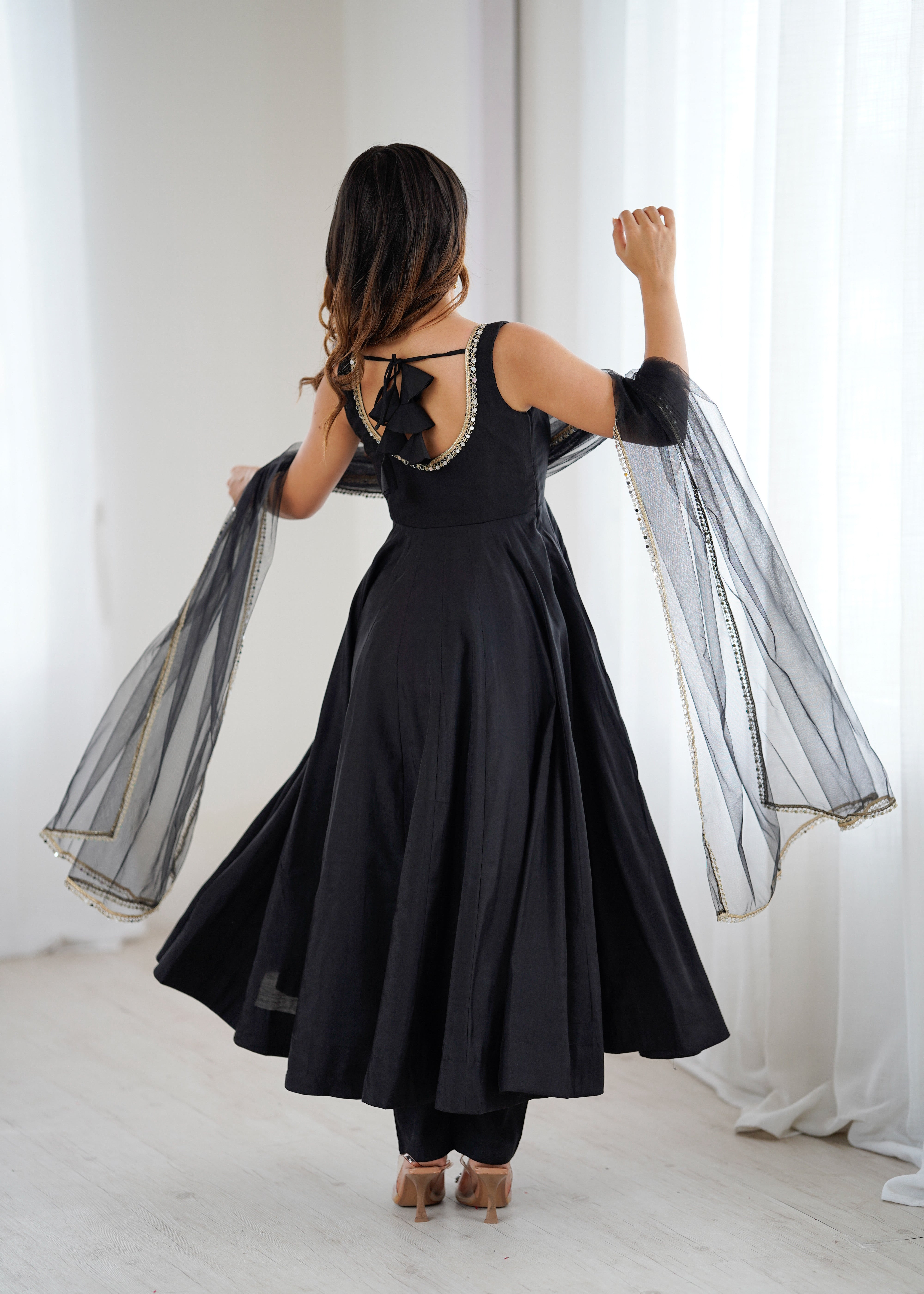 Black Color Silk Chanderi Designer Anarkali Dress