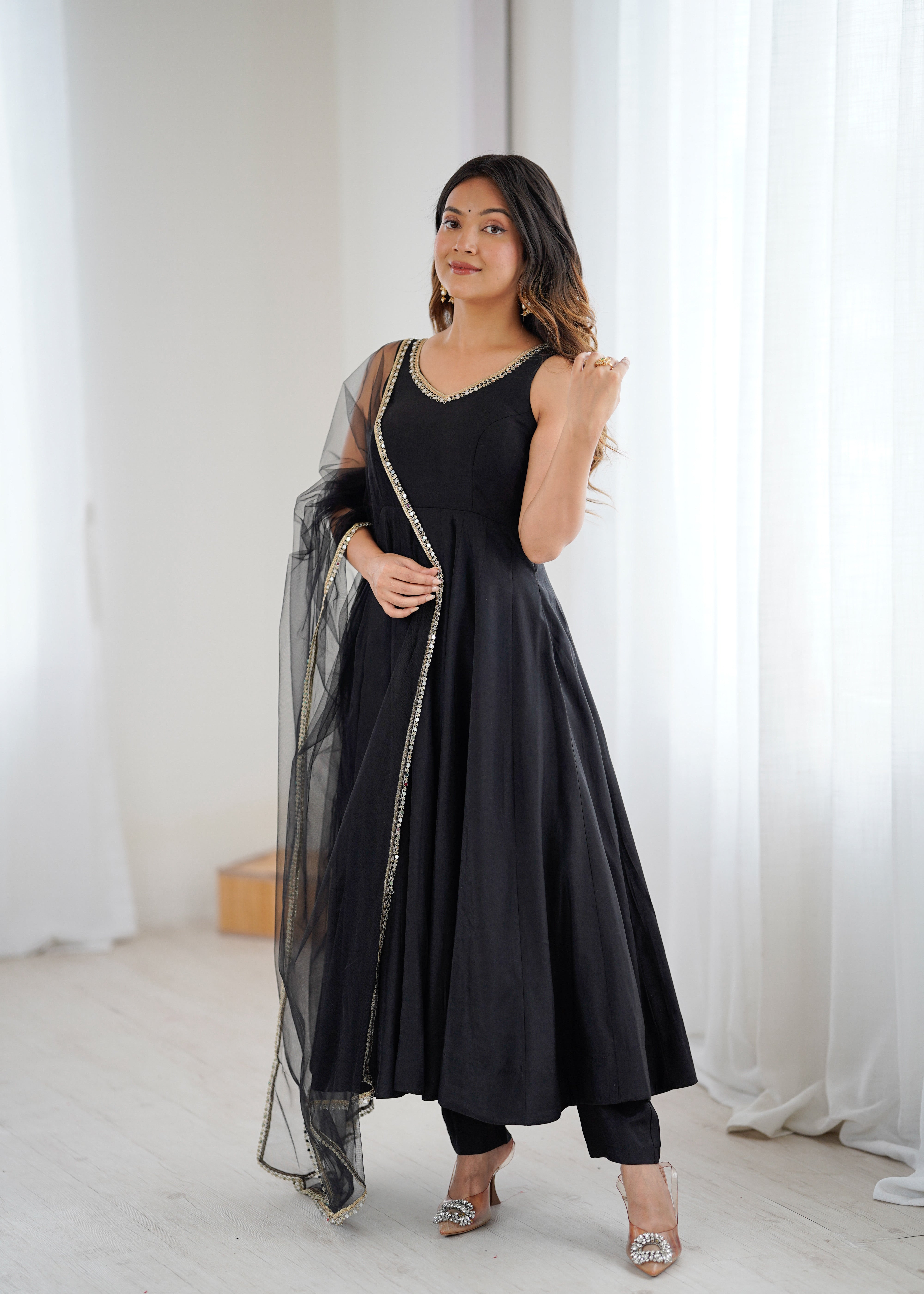 Black Color Silk Chanderi Designer Anarkali Dress