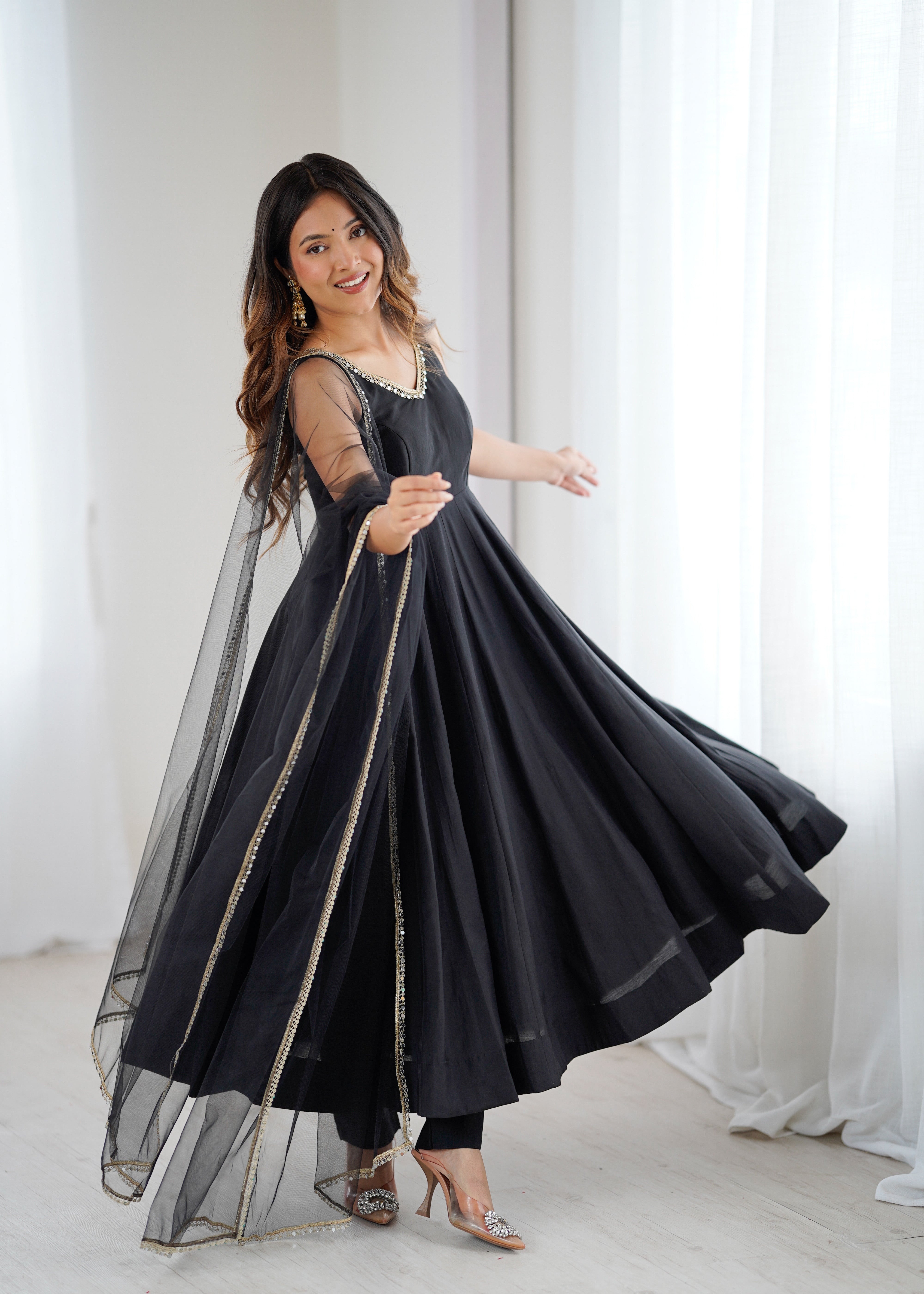 Black Color Silk Chanderi Designer Anarkali Dress
