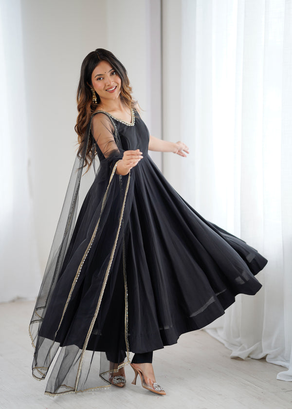 Black Color Silk Chanderi Designer Anarkali Dress