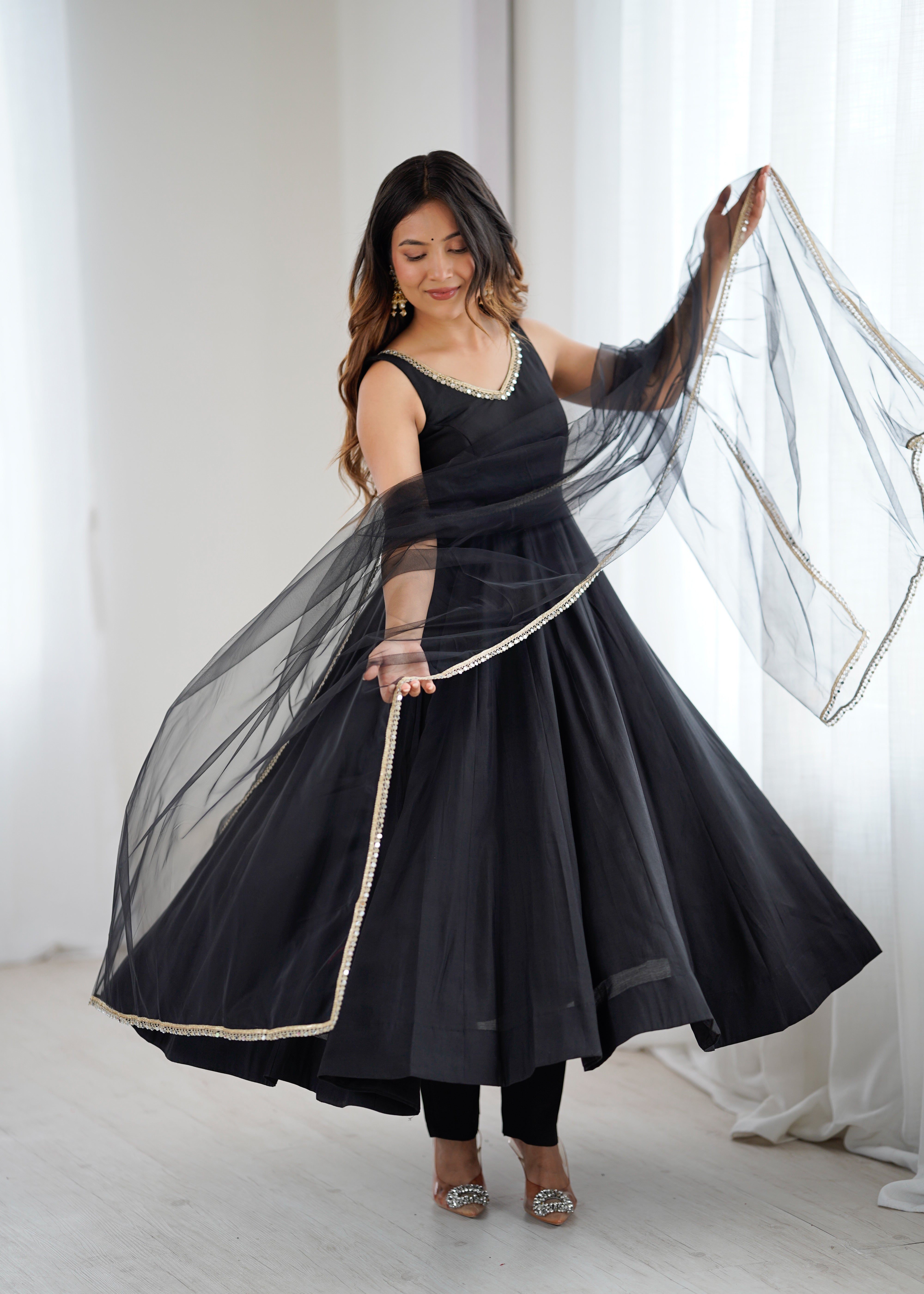 Black Color Silk Chanderi Designer Anarkali Dress