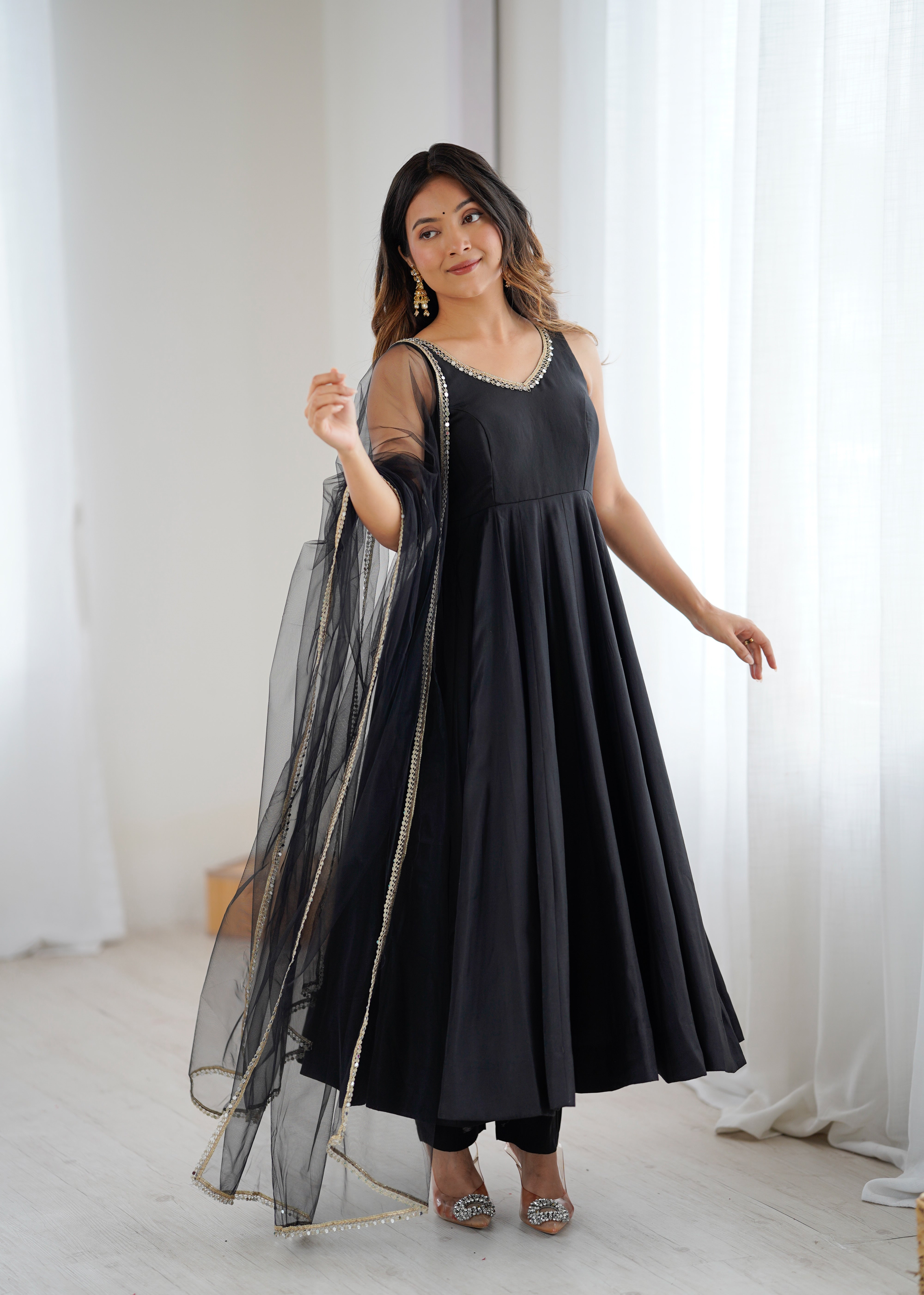 Black Color Silk Chanderi Designer Anarkali Dress