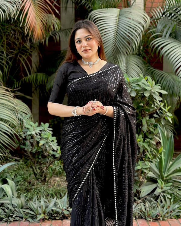 Black Color  Georgette Fabric With Sequence embroidery  Work Party Wear Saree