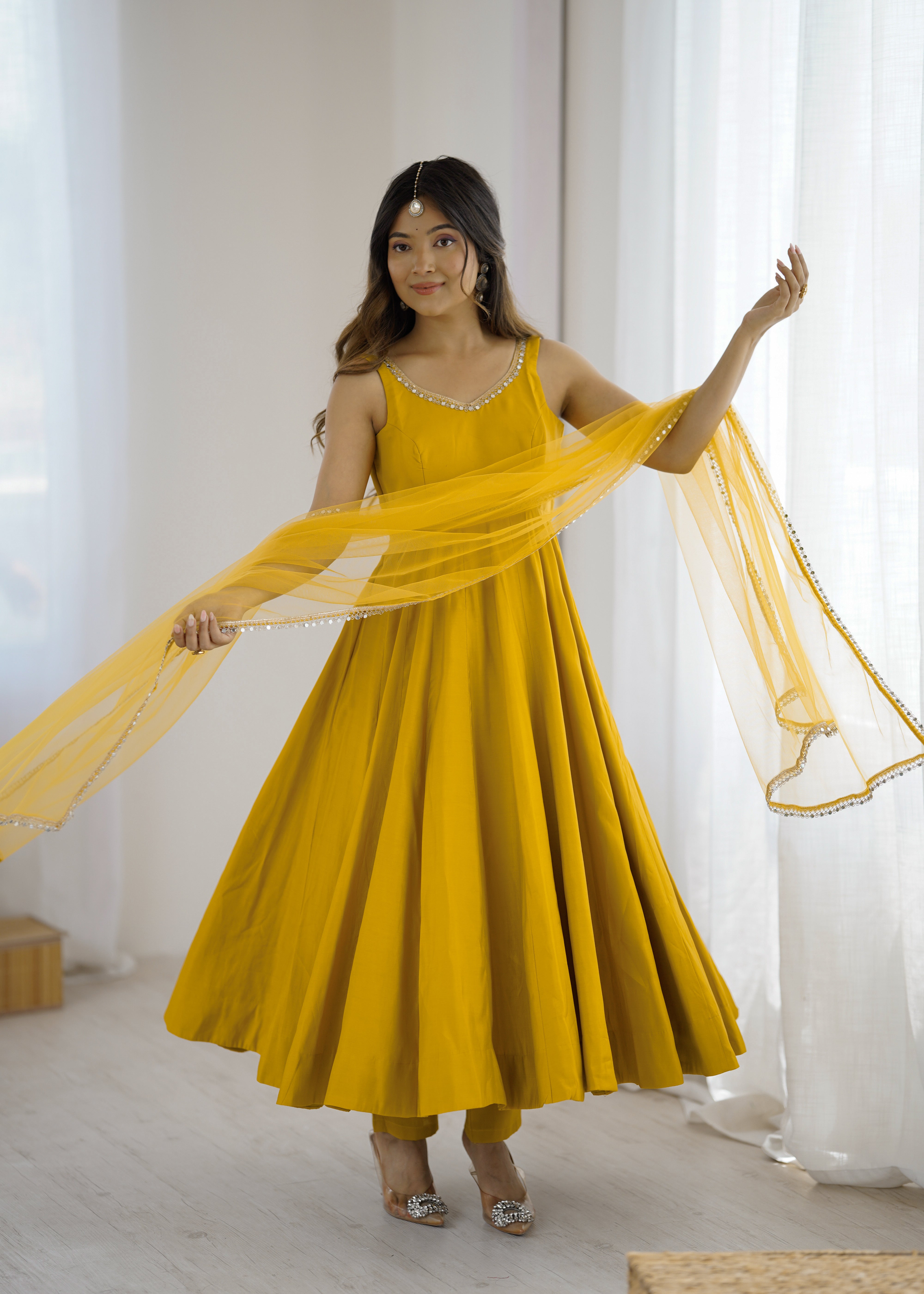 Yellow Color Silk Chanderi Designer Anarkali Dress