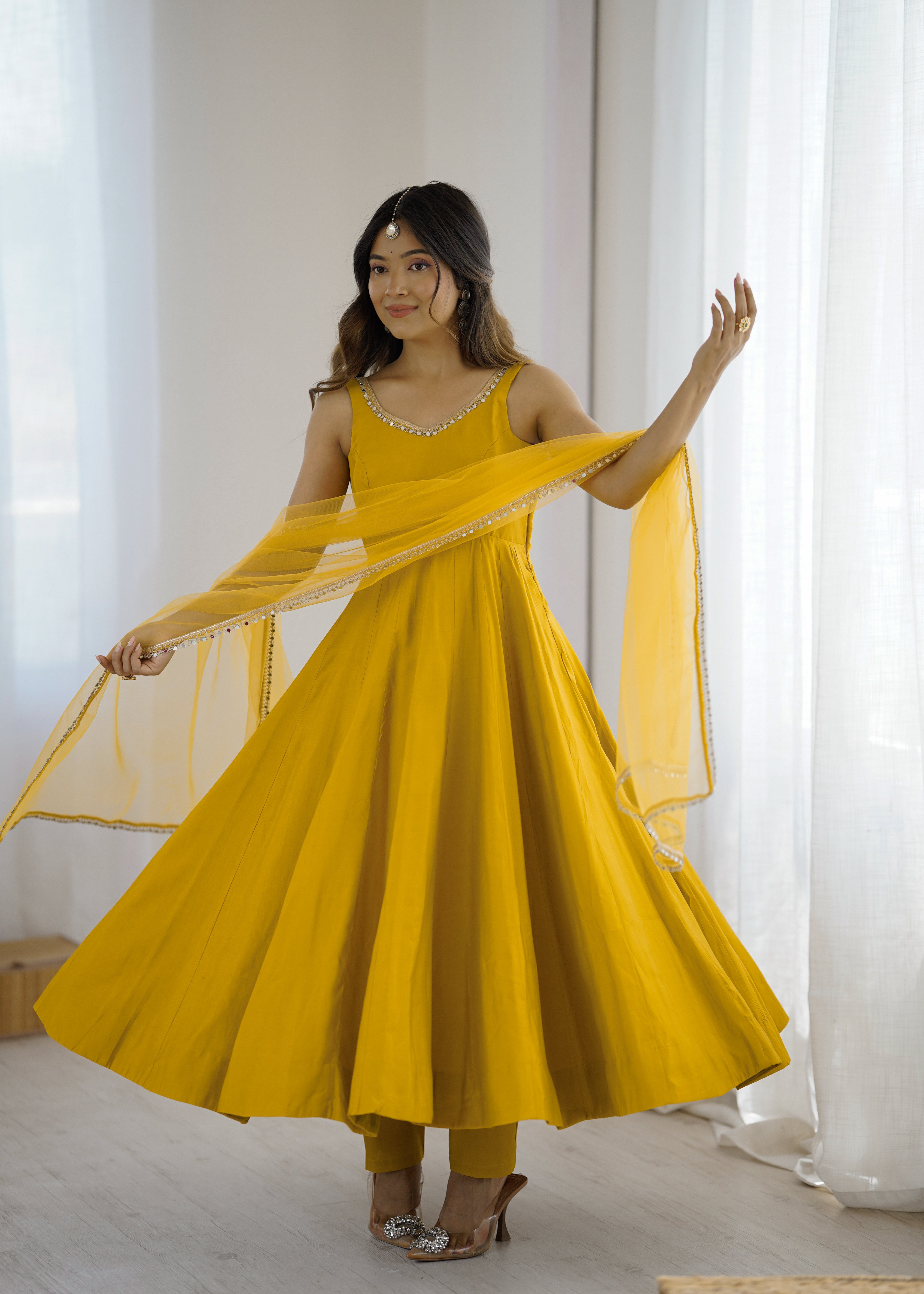 Yellow Color Silk Chanderi Designer Anarkali Dress