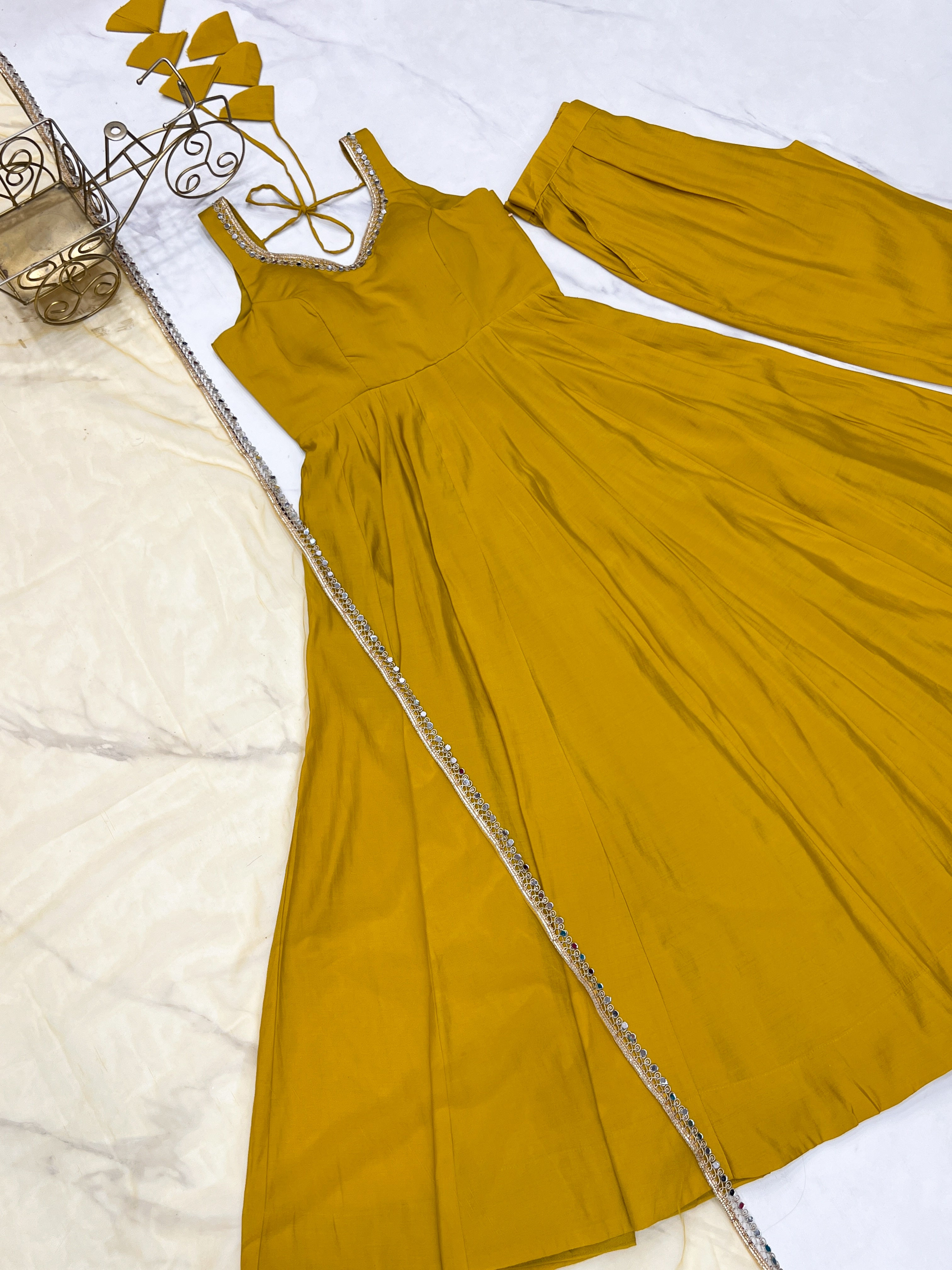 Yellow Color Silk Chanderi Designer Anarkali Dress