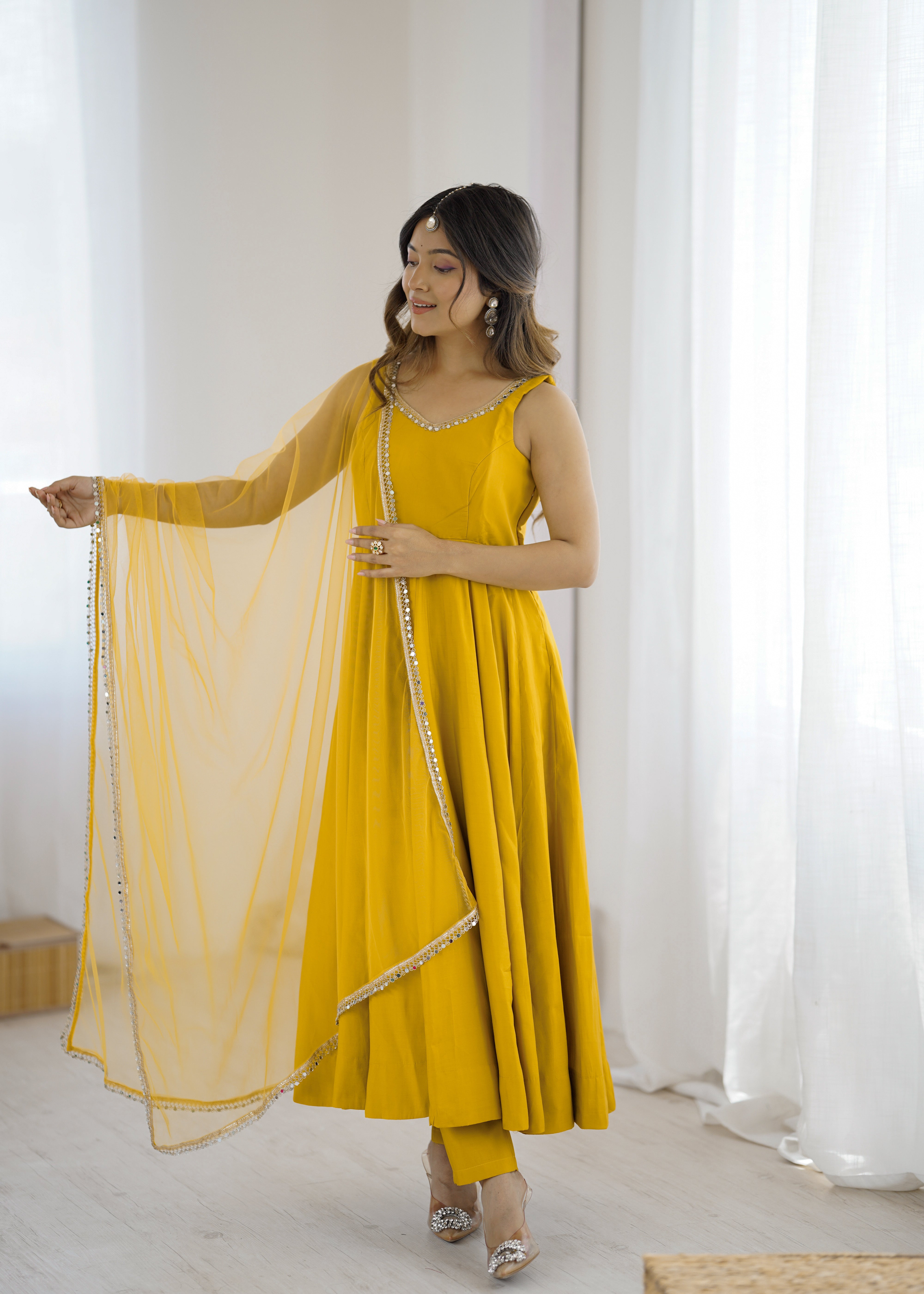Yellow Color Silk Chanderi Designer Anarkali Dress