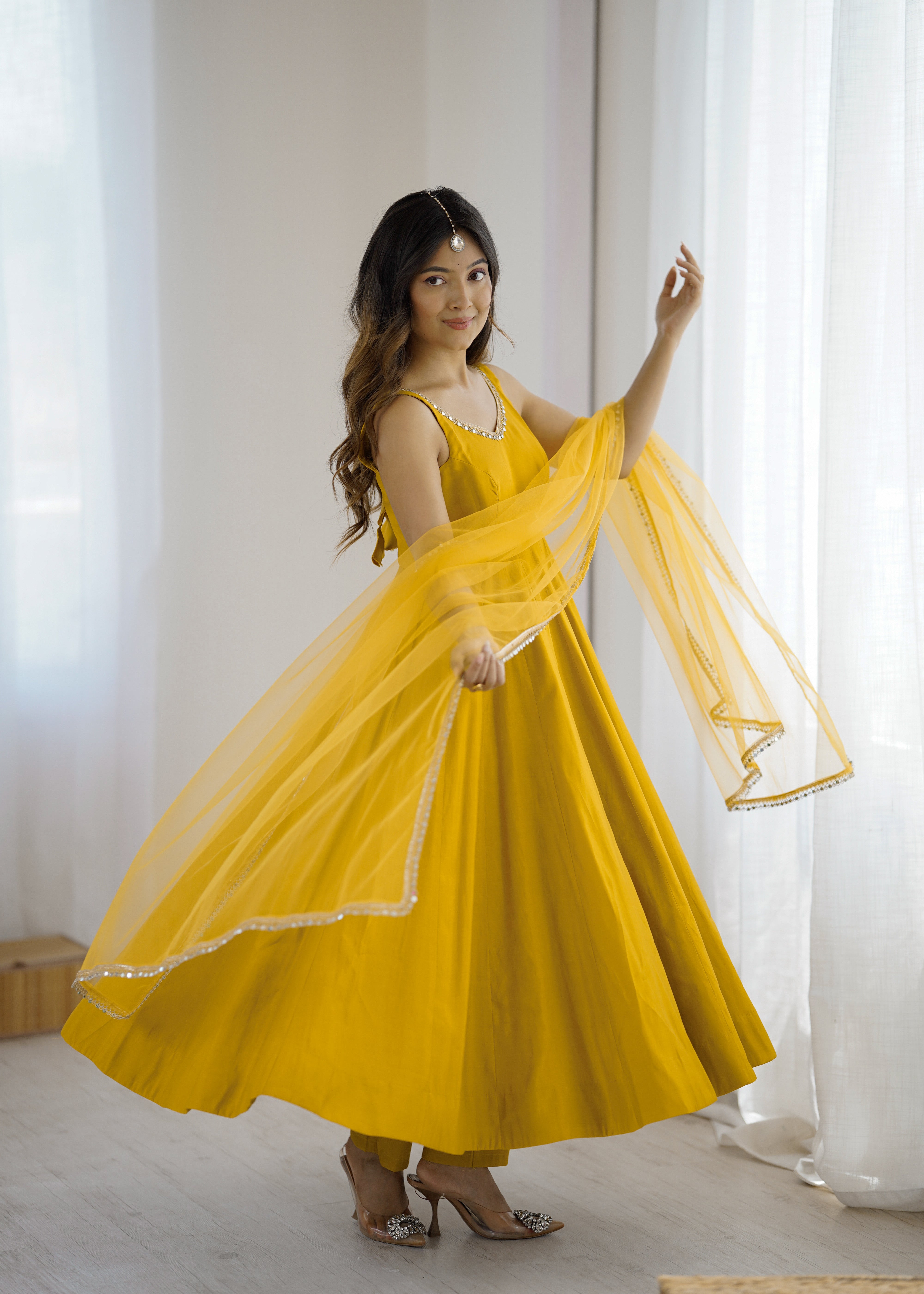 Yellow Color Silk Chanderi Designer Anarkali Dress