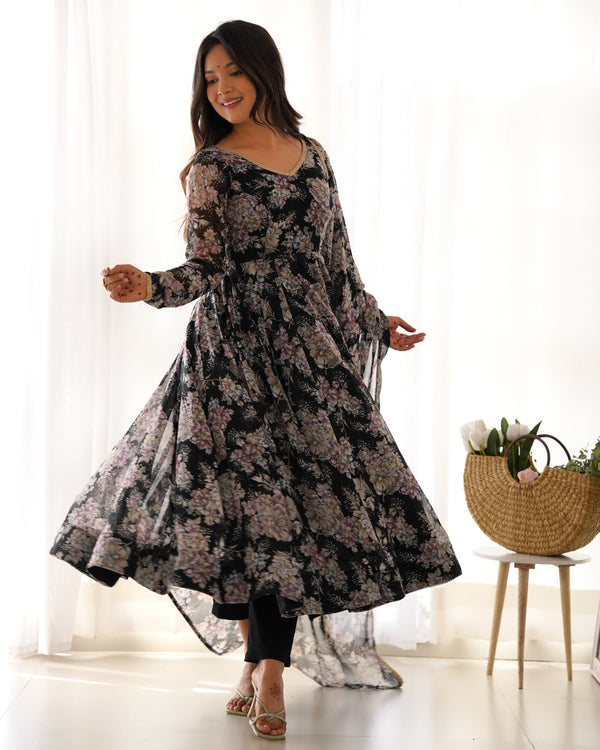 Black Color Floral Printed Designer Georgette Anarkali Gown