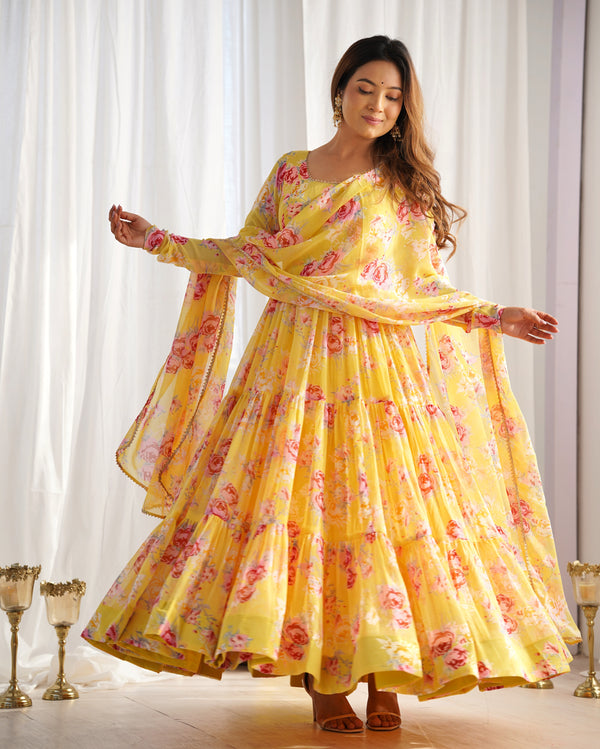 Yellow Color Floral Printed Georgette Designer Gown