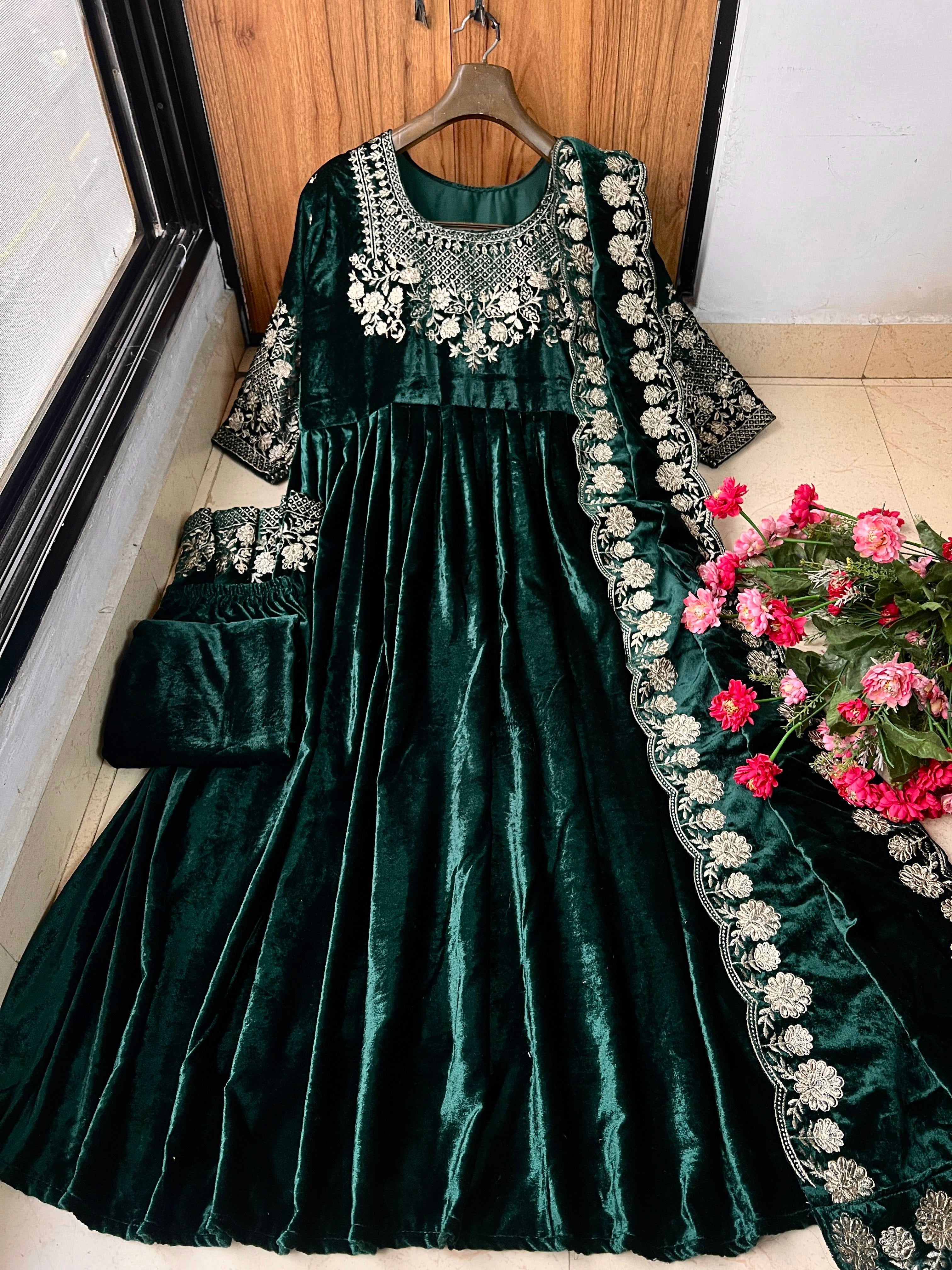 Green Color Velvet Designer Embroidery Work anarkali Palazzo Suit