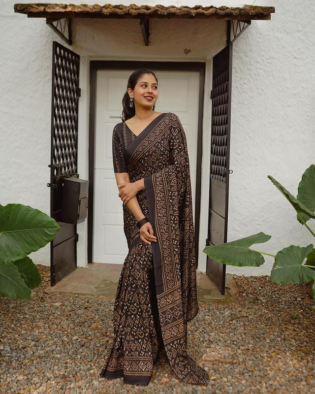 Black Color Hot Printed Linen Saree