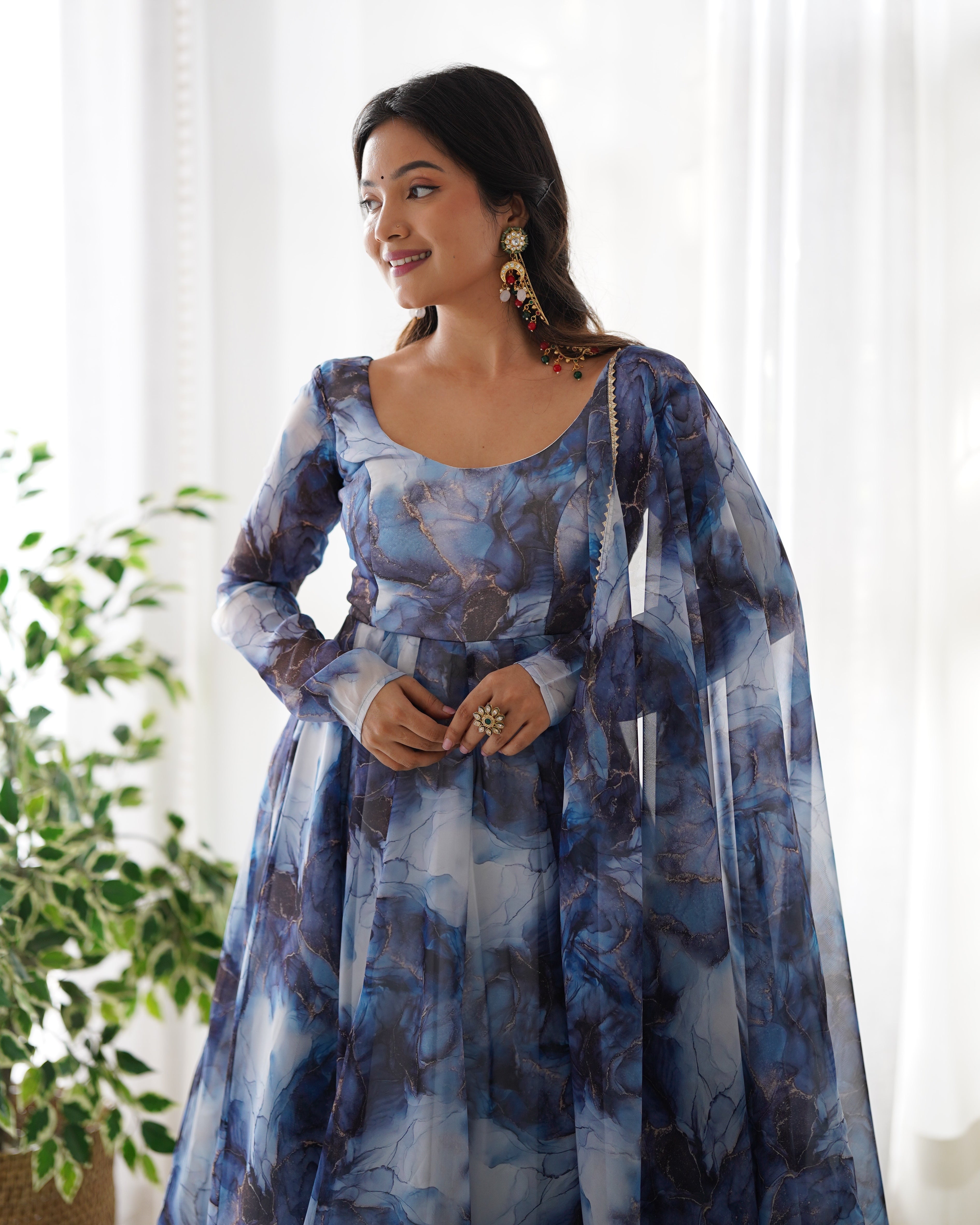 Dark Blue Color Organza Printed Designer Casual Gown