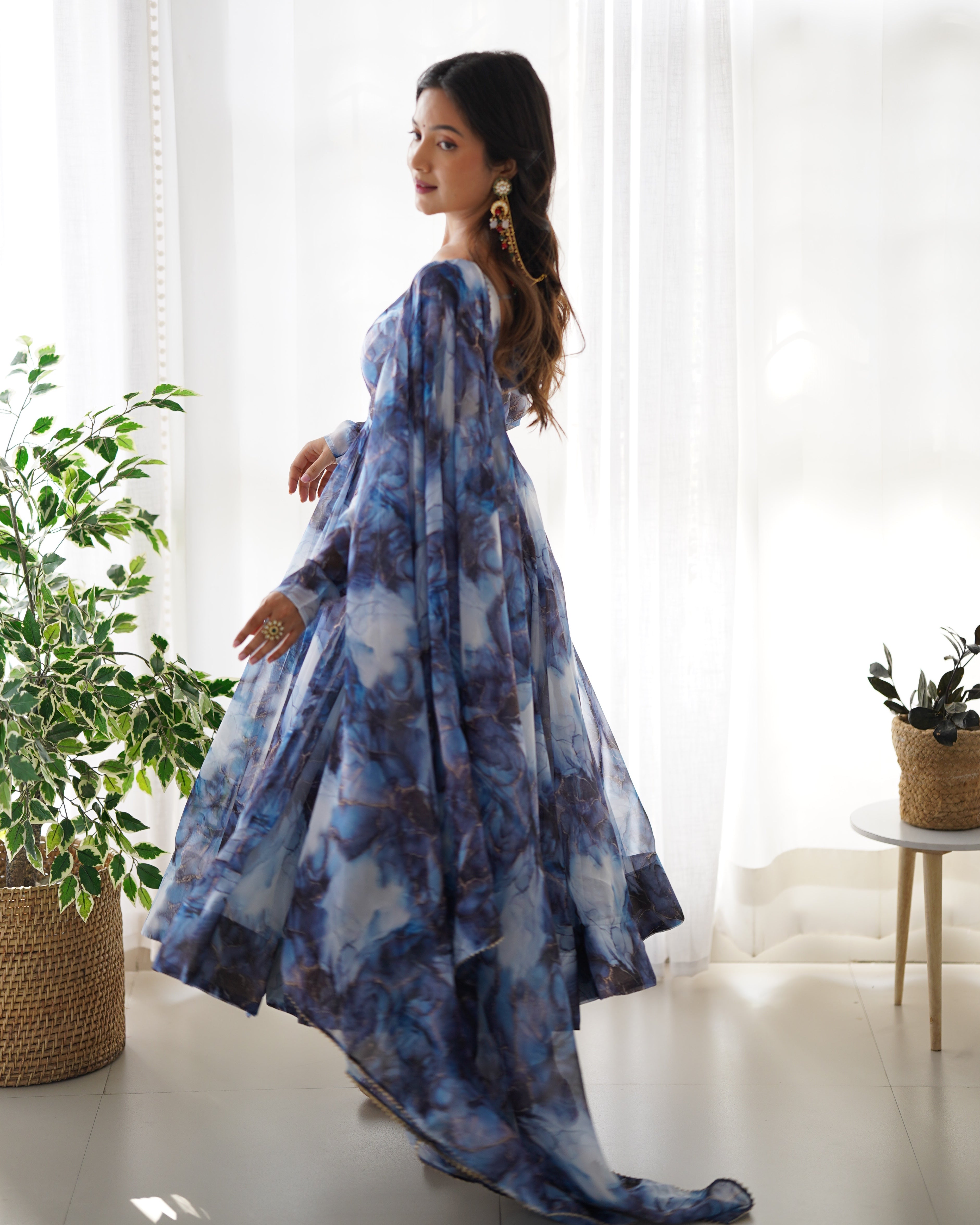 Dark Blue Color Organza Printed Designer Casual Gown