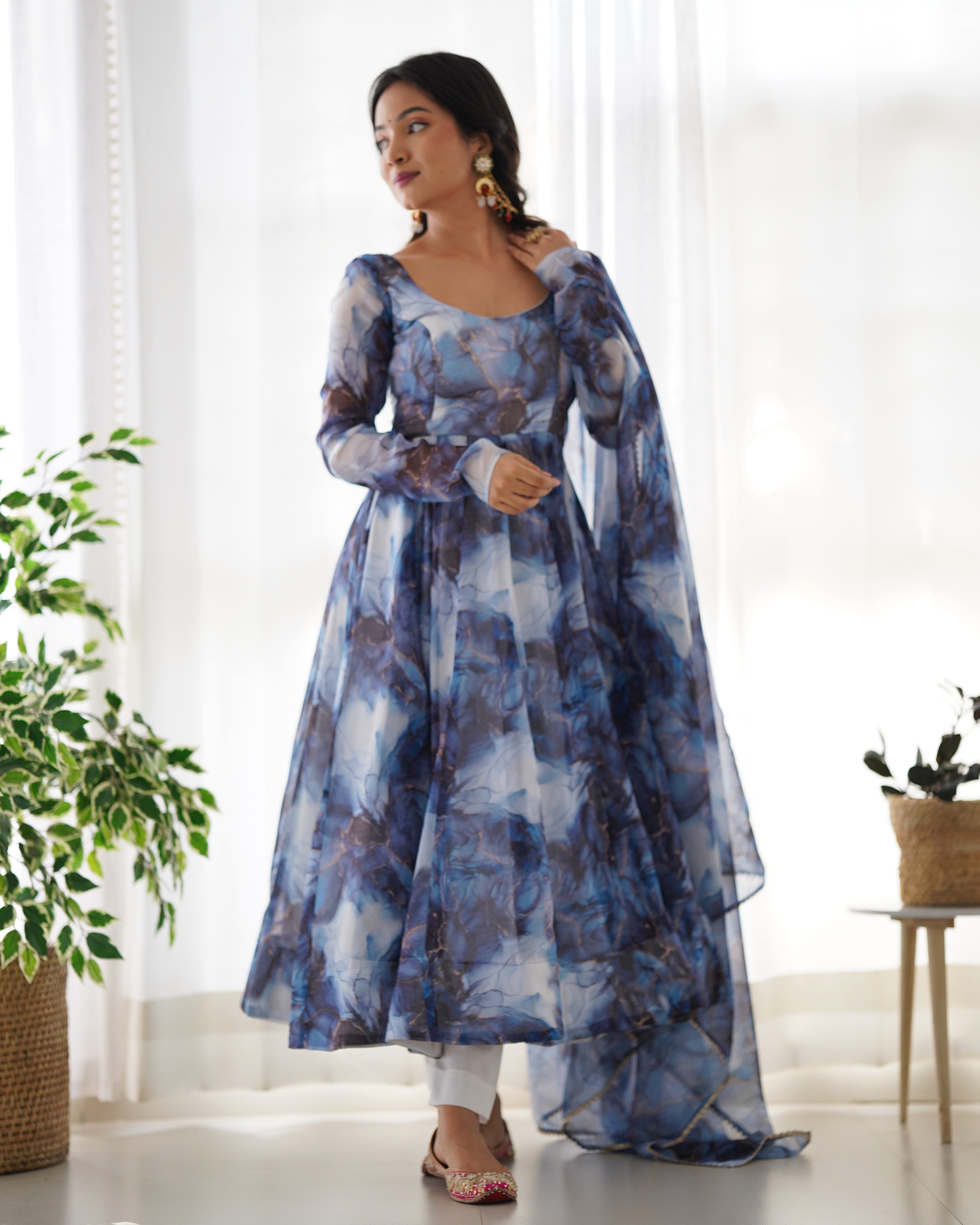 Dark Blue Color Organza Printed Designer Casual Gown