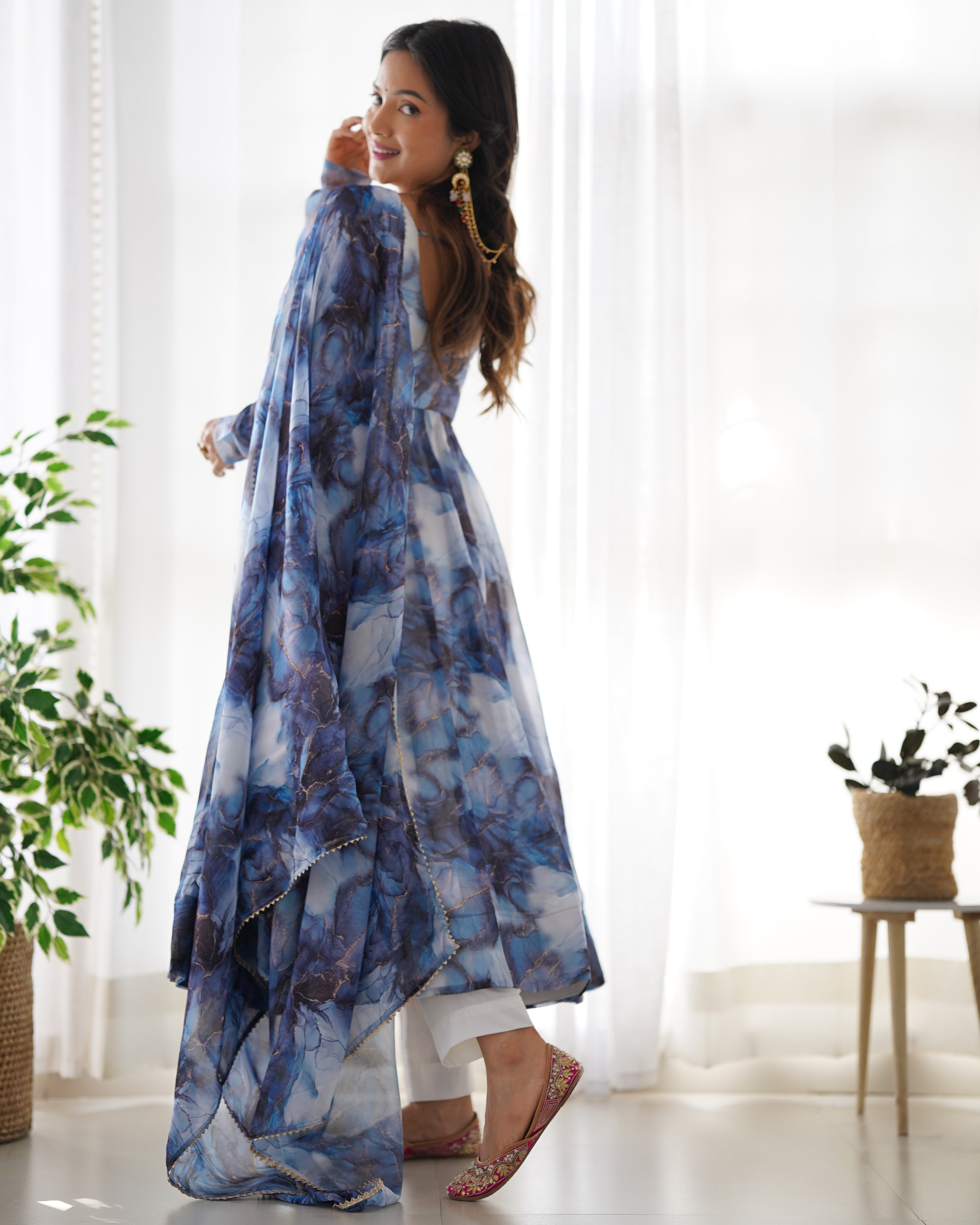 Dark Blue Color Organza Printed Designer Casual Gown