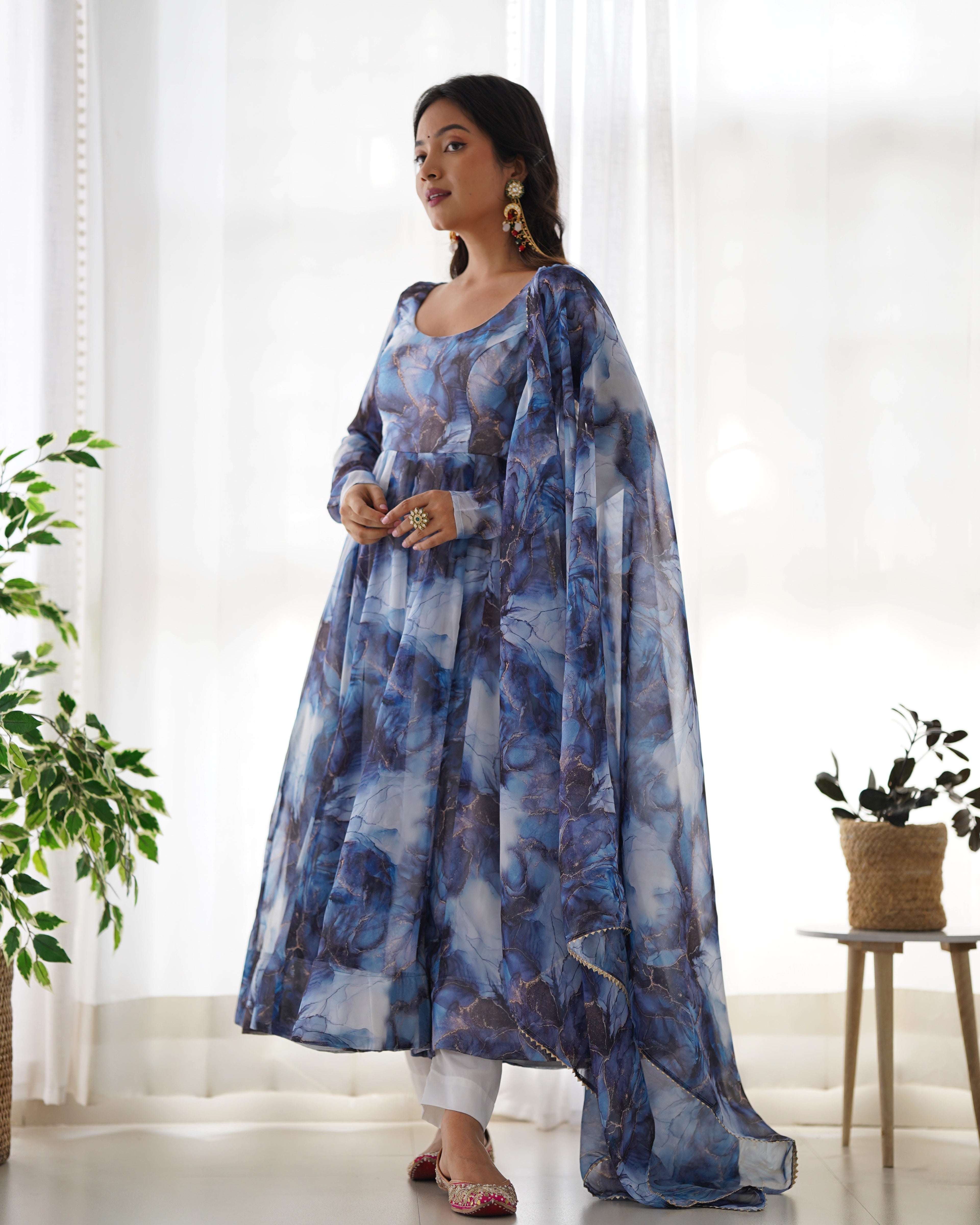 Dark Blue Color Organza Printed Designer Casual Gown