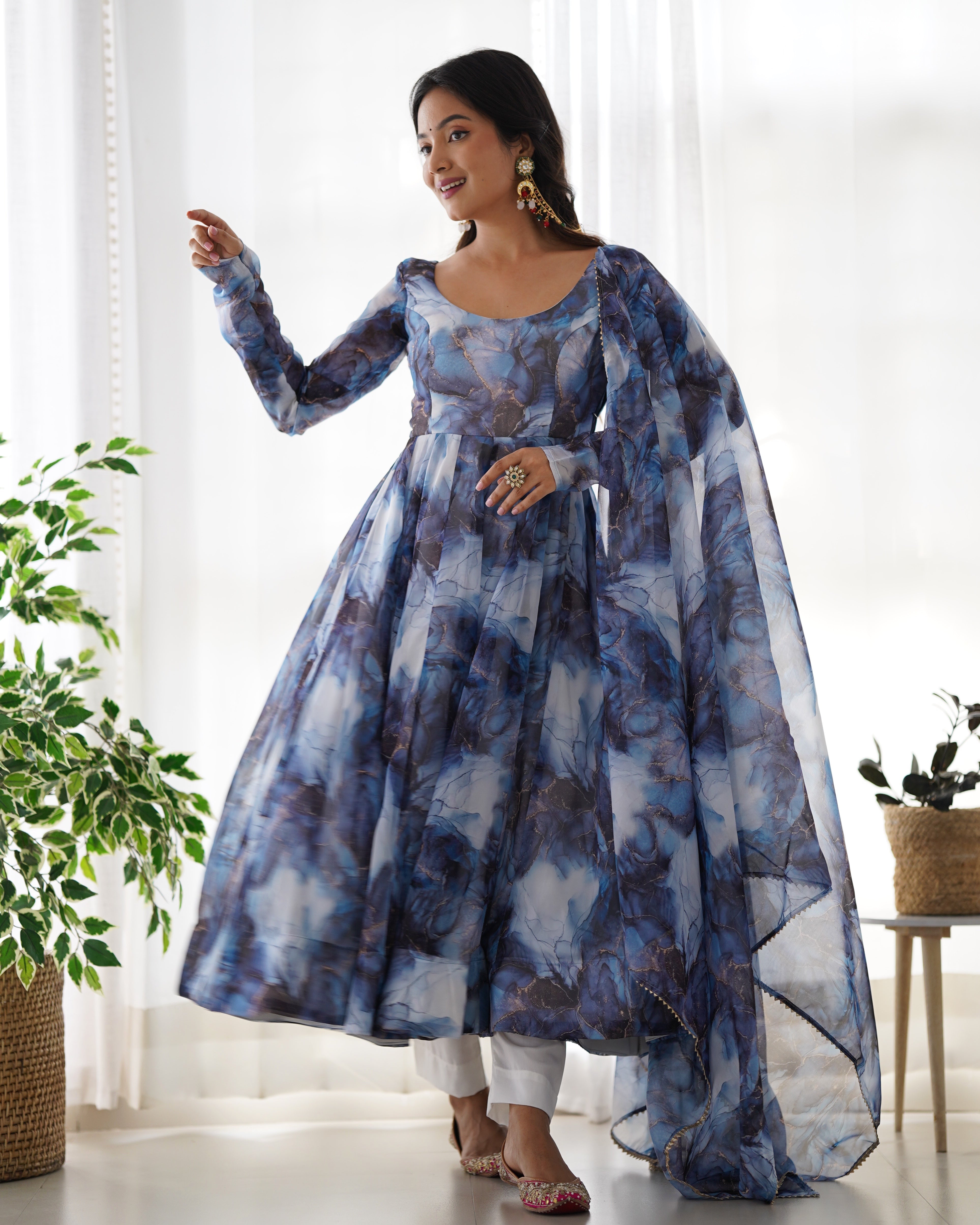 Dark Blue Color Organza Printed Designer Casual Gown