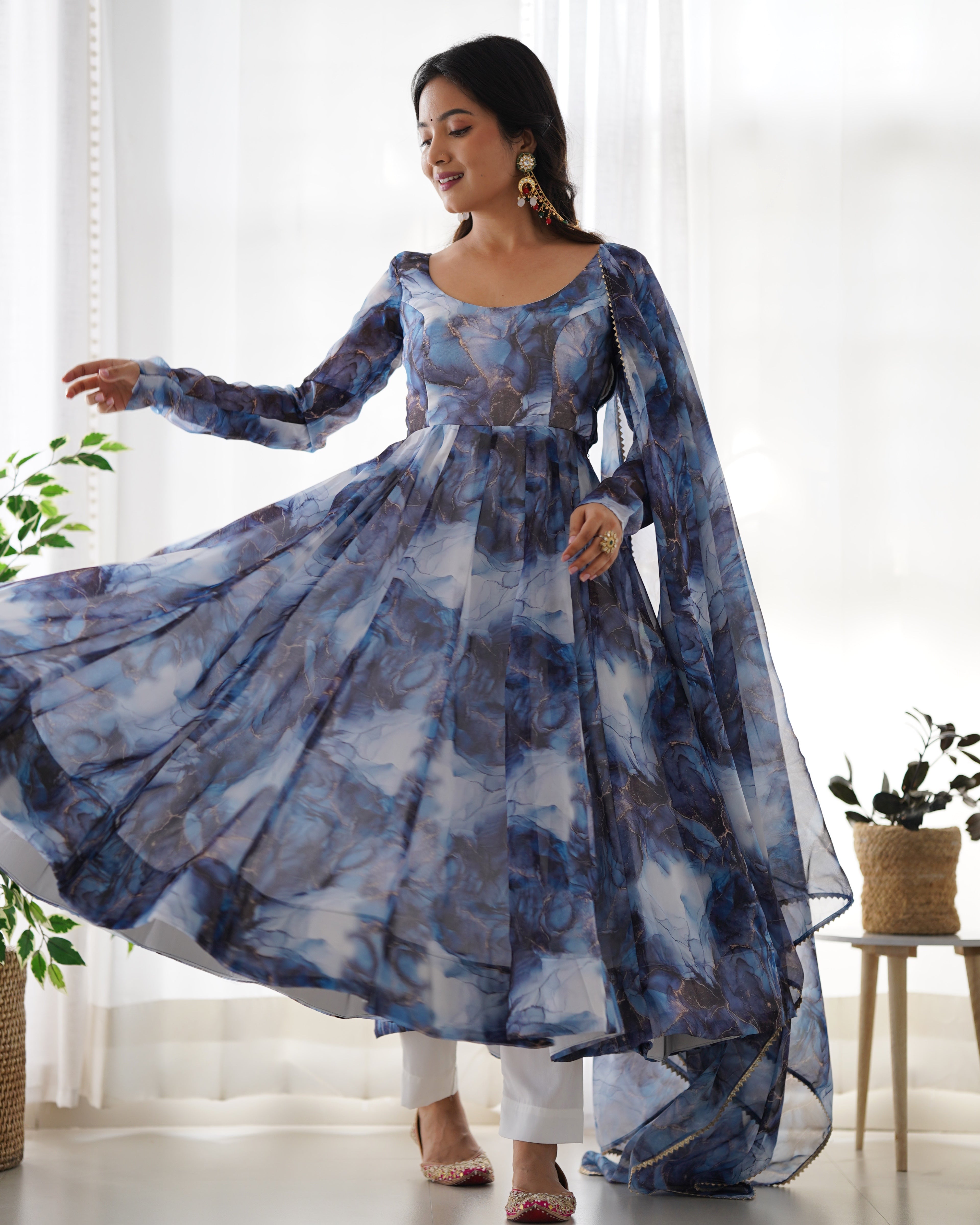 Dark Blue Color Organza Printed Designer Casual Gown