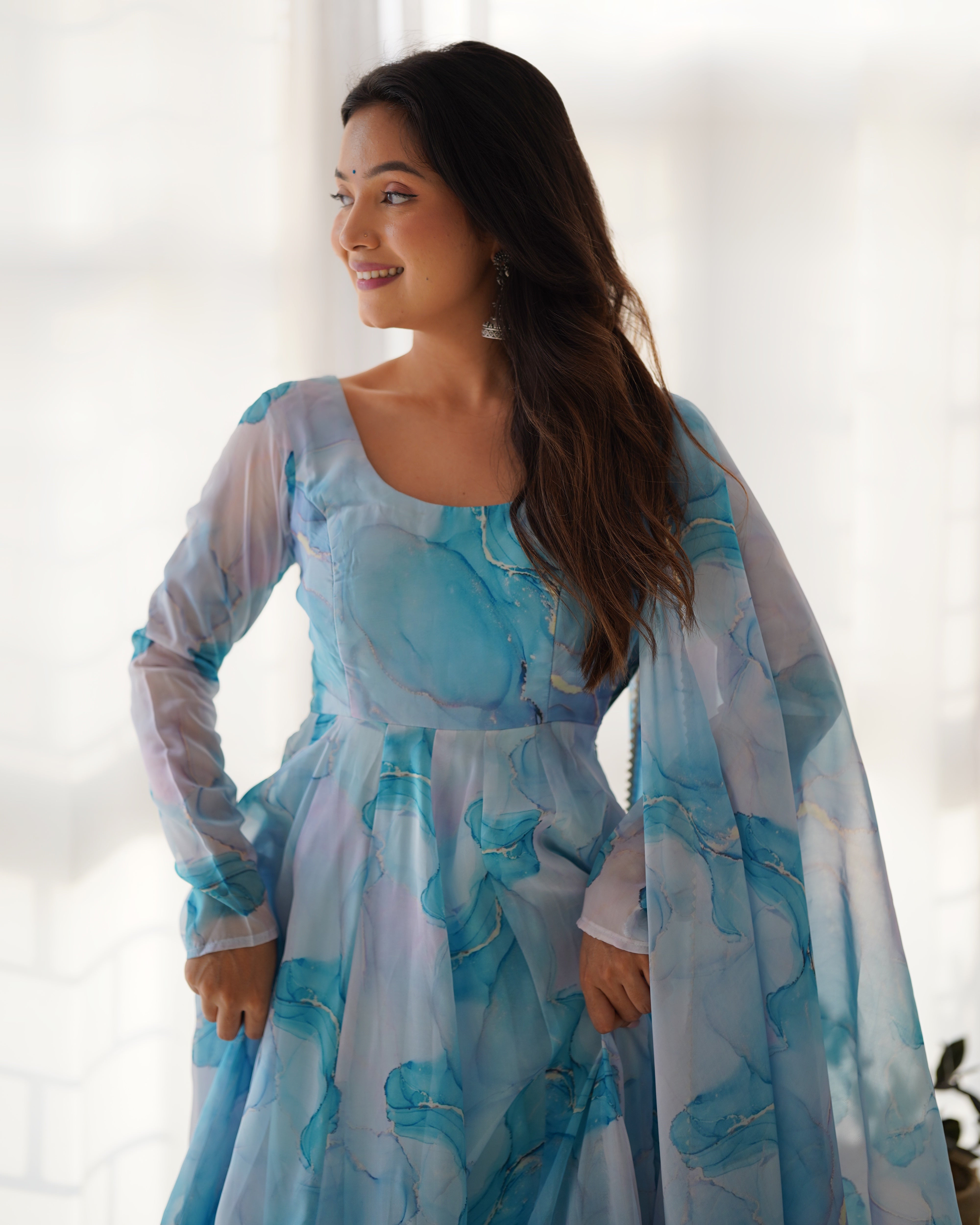 Light Blue Color Organza Printed Designer Casual Gown