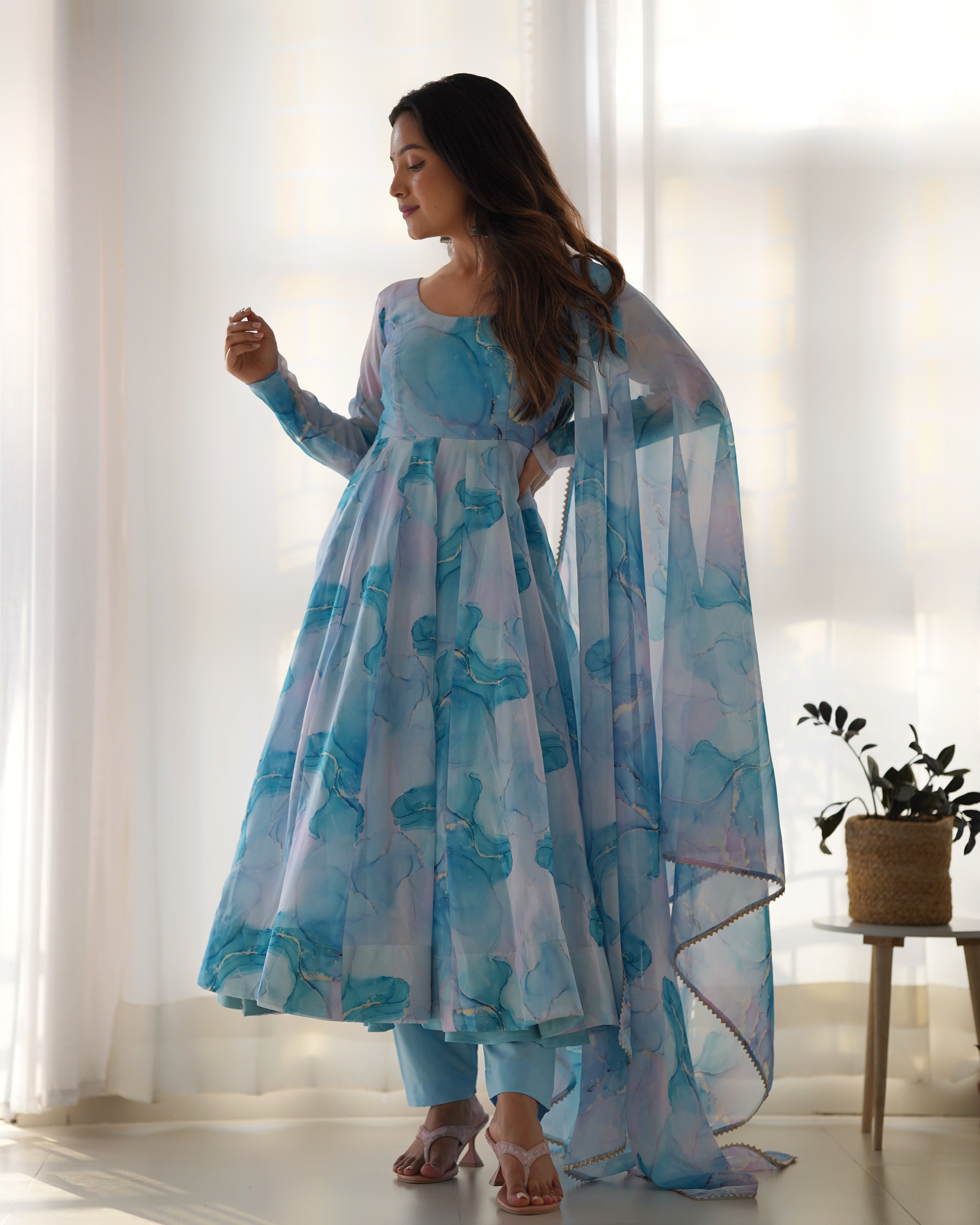 Light Blue Color Organza Printed Designer Casual Gown
