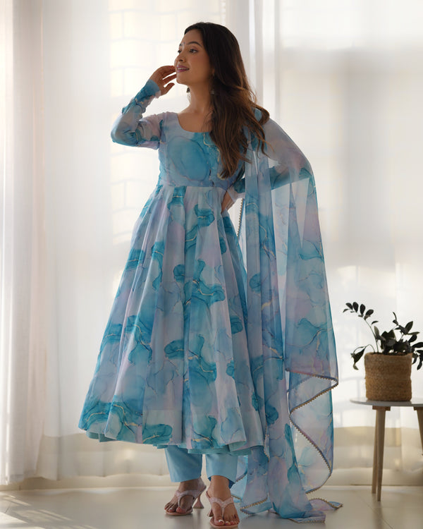 Light Blue Color Organza Printed Designer Casual Gown