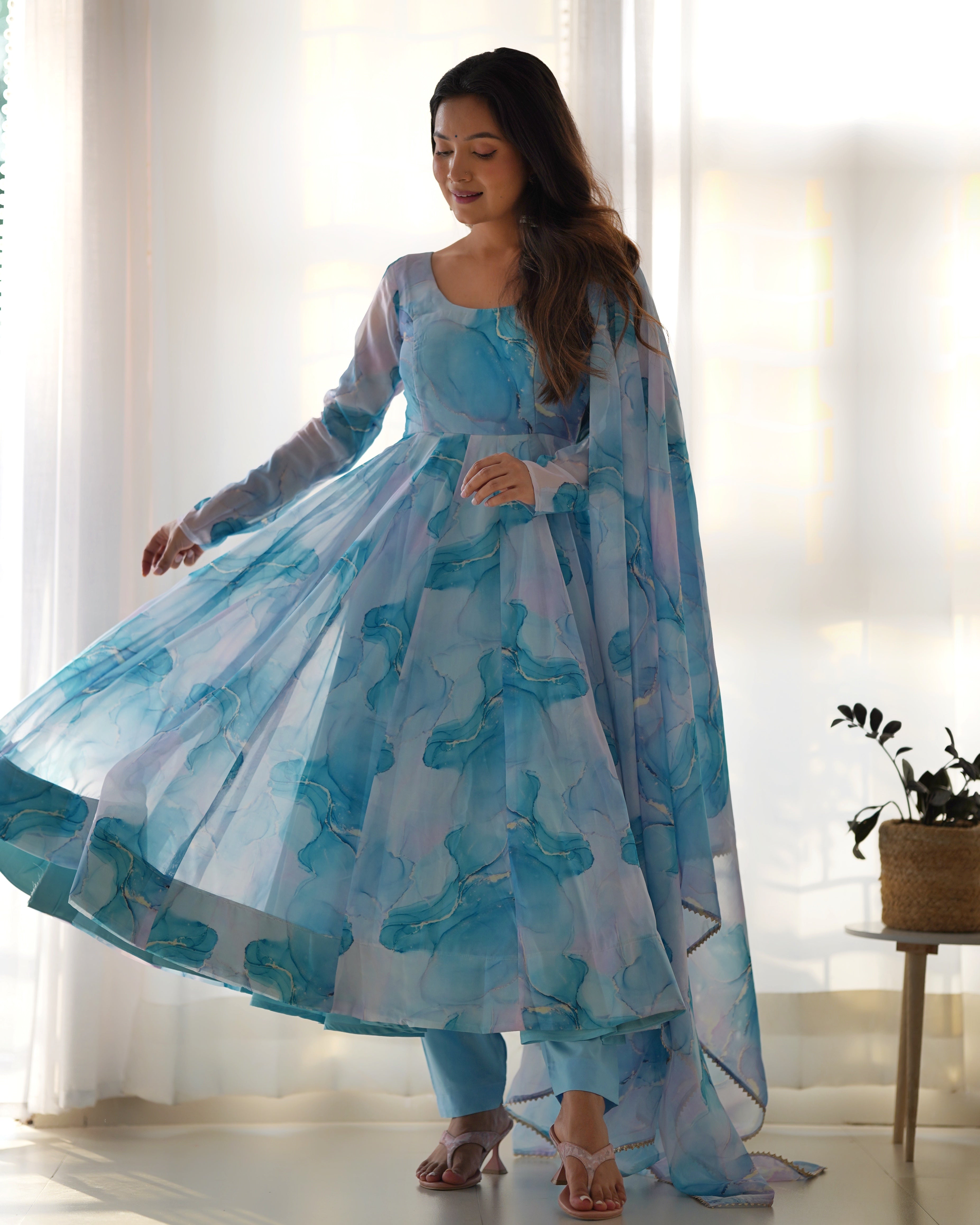Light Blue Color Organza Printed Designer Casual Gown