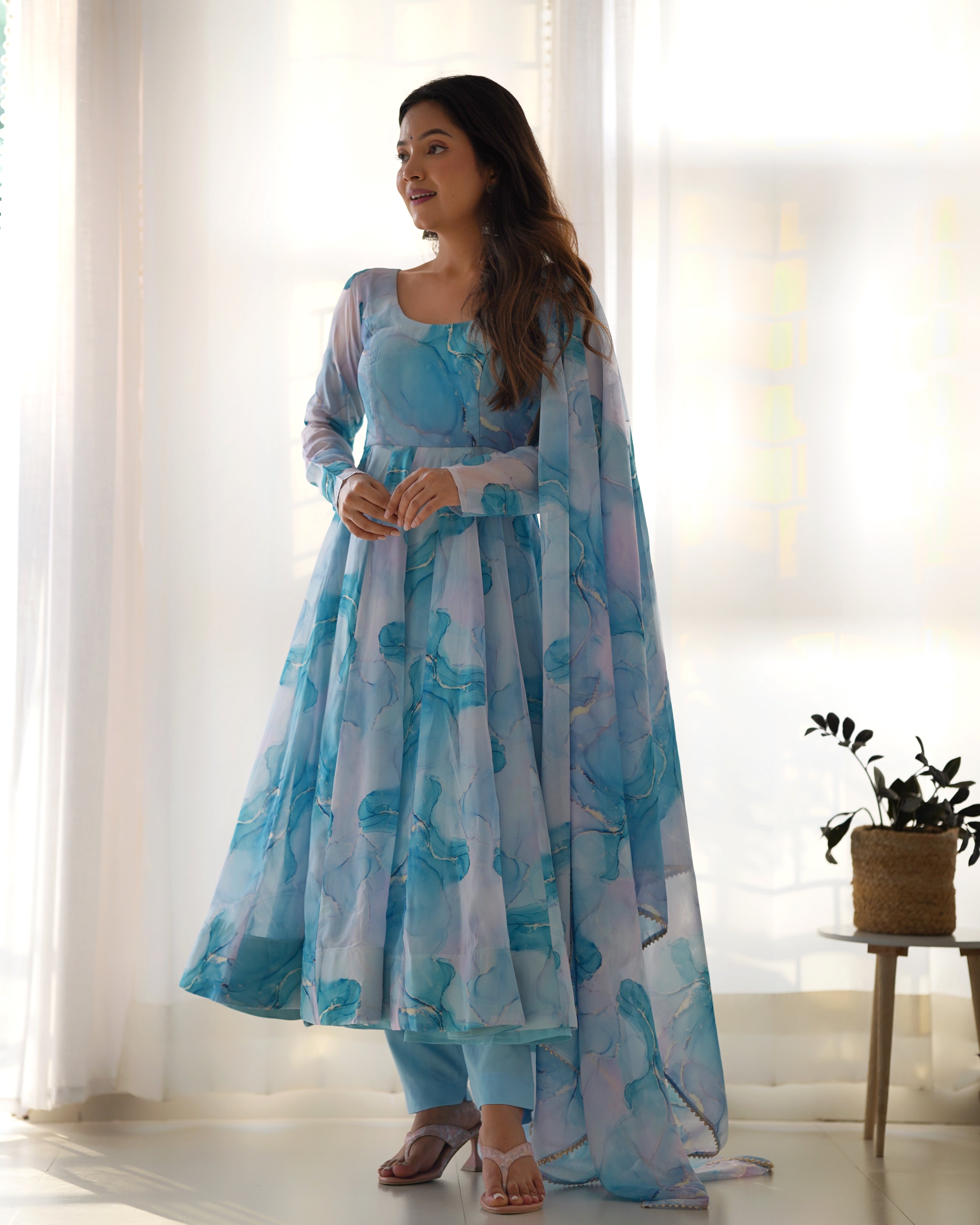 Light Blue Color Organza Printed Designer Casual Gown