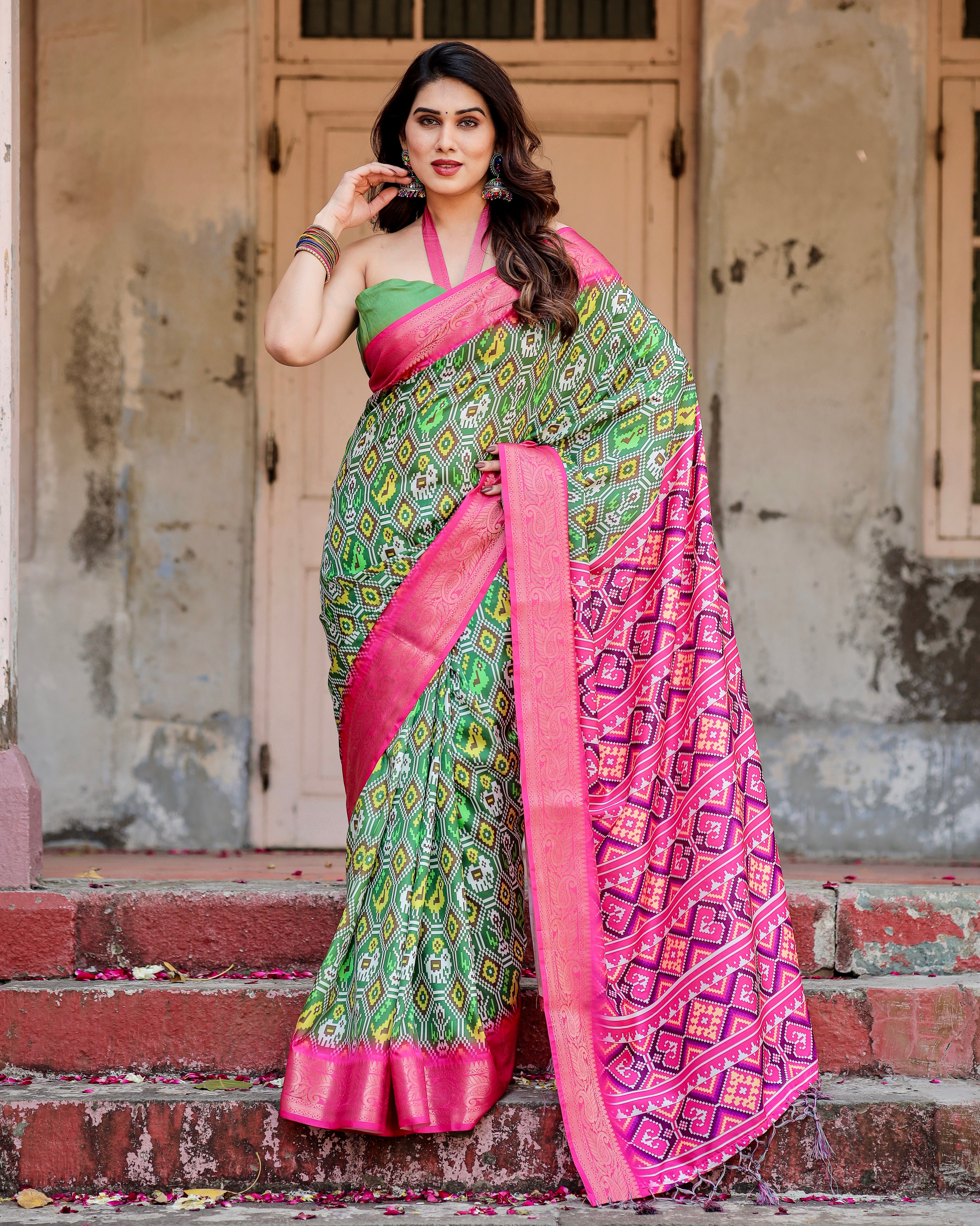 Green & Pink Color Zari Border Floral Printed Silk Designer Saree