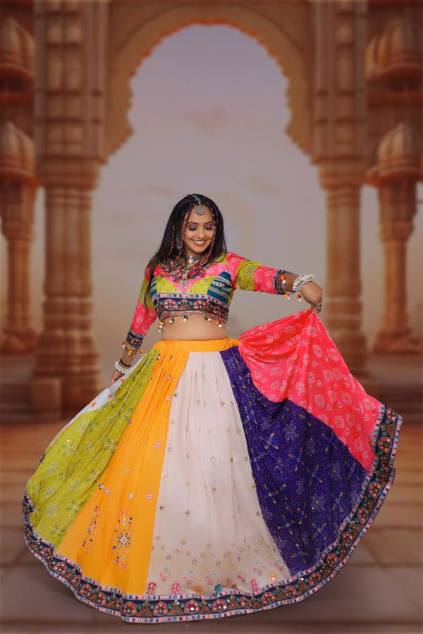 Multi Color Digital Printed Mirror Work Muslin Cotton Lehenga