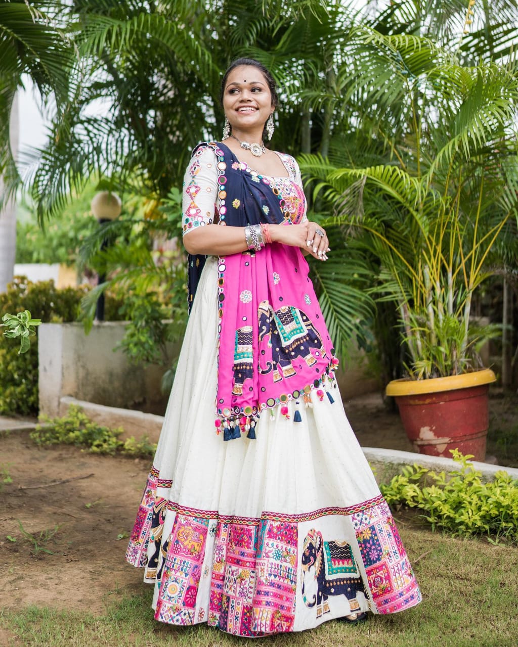 White Pink Color Muslin Cotton Printed With Real Mirror Work Lehenga Choli