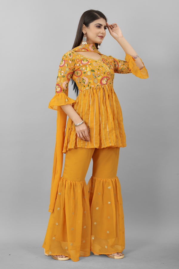 Mustard Color Party Wear Georgette  And Embroidery Thread Work Sharara Top