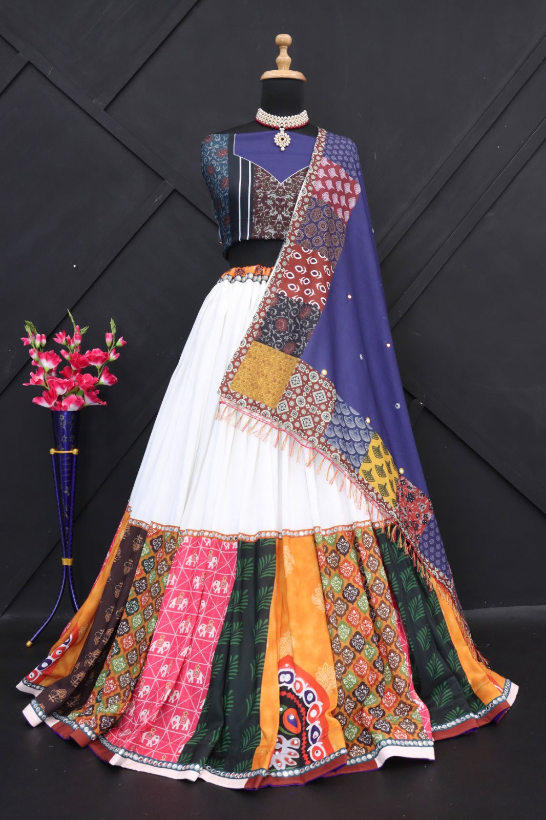 Multi Colour Maslin Cotton With Digital Print Real Mirror Navratri  Special Lehenga Choli Set