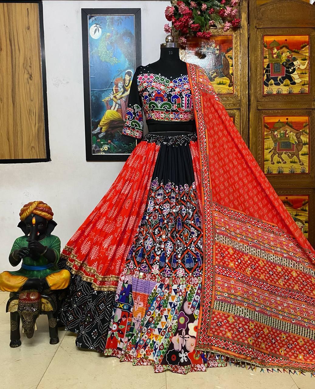 Multi Color Maslin Cotton With Digital Print Real Mirror Navratri Designer  Special Lehenga Choli Set