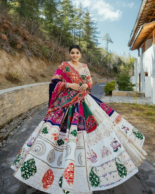 Multi Color Designer Mirror Work Digital Printed Cotton Lehenga Choli