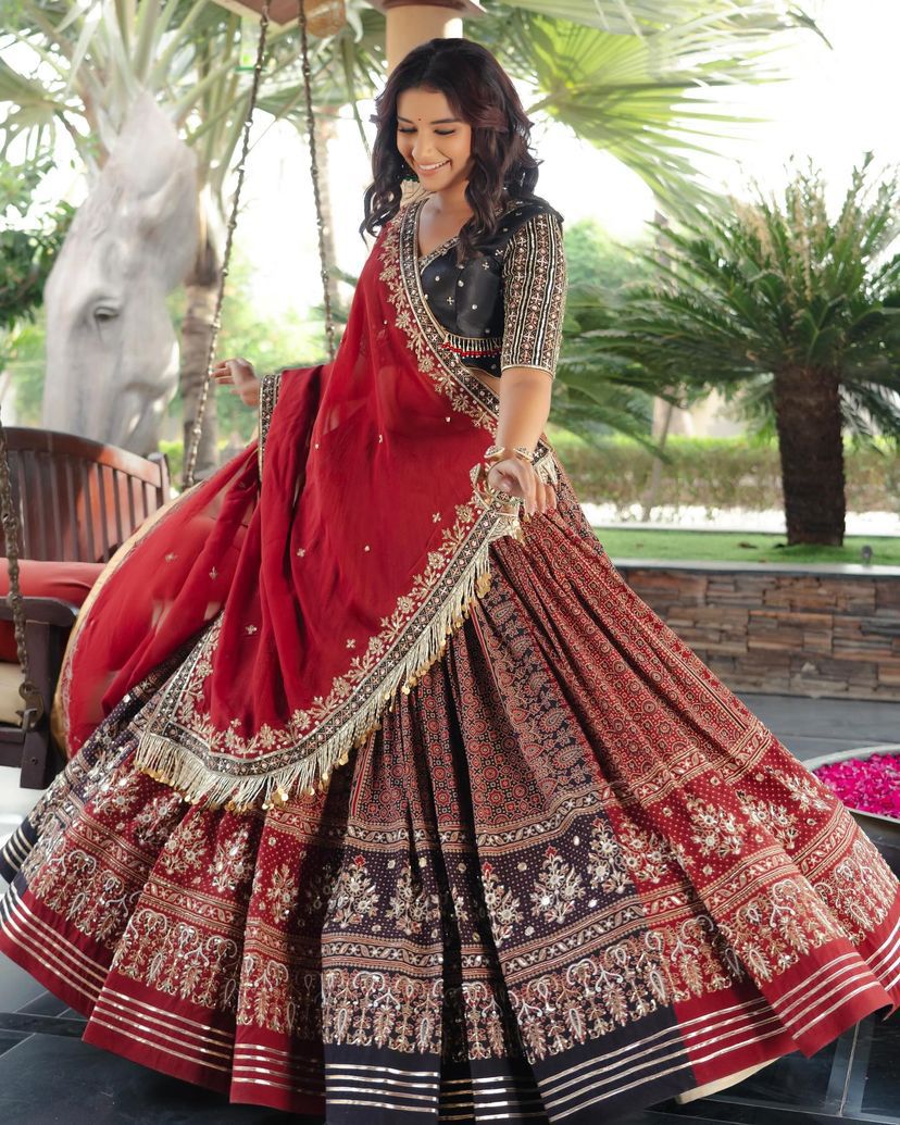 Red-Black Color Digital Printed Stylist Trendy Cotton Lehenga Choli