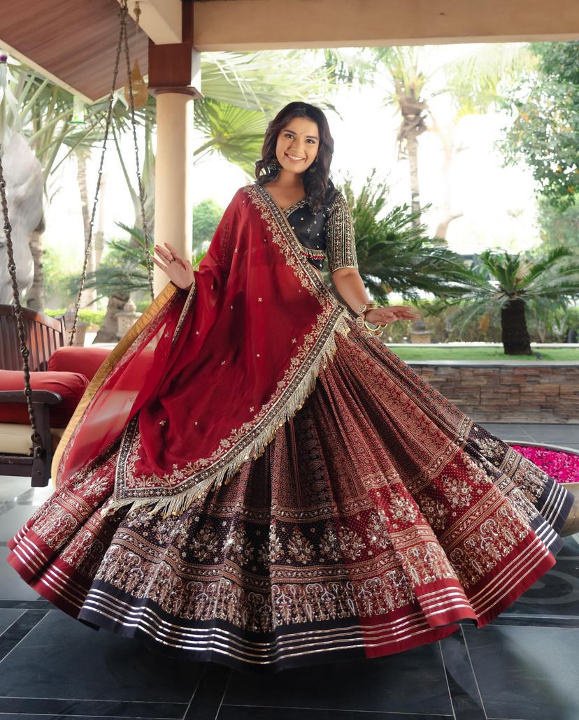 Red-Black Color Digital Printed Stylist Trendy Cotton Lehenga Choli