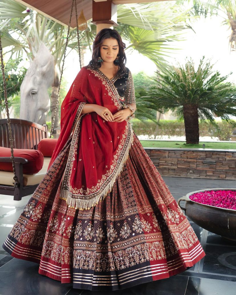 Red-Black Color Digital Printed Stylist Trendy Cotton Lehenga Choli