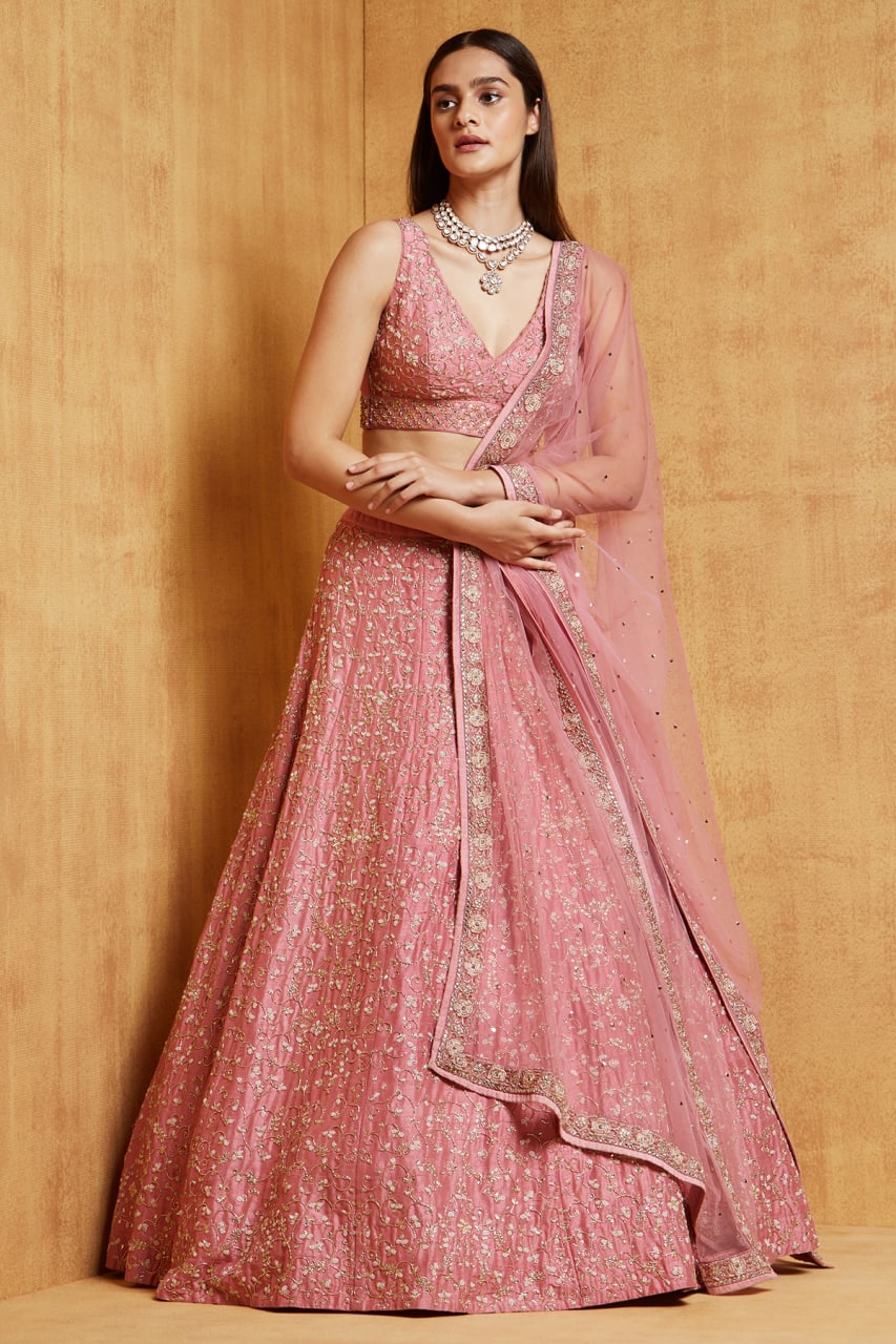 Pink Color Sequins Embroidery Work Designer Wedding Wear Lehenga Choli