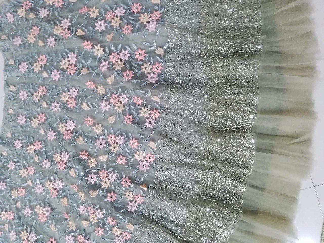 Pista Color Designer Sequins Embroidery Work Net Lehenga Choli