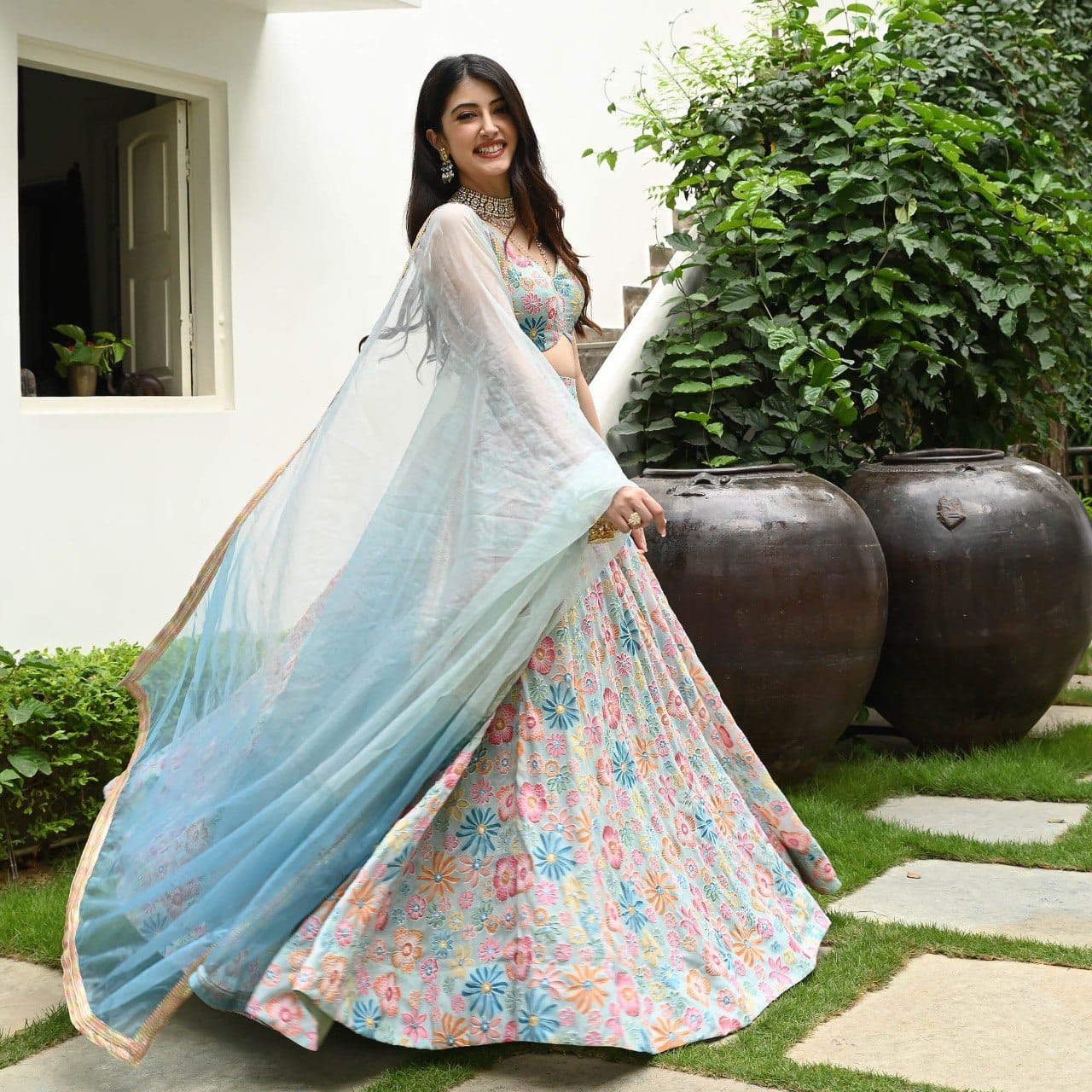 Sky Blue Color Designer Trendy Party Wear Lehenga Choli