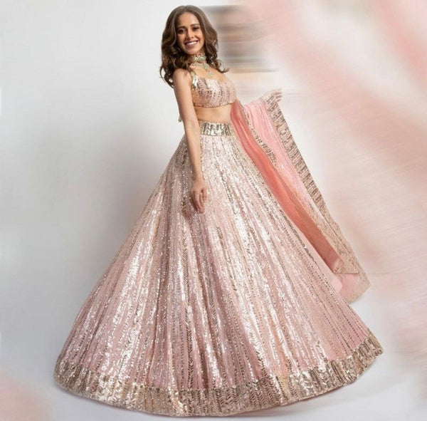 Peach Color Heavy Sequins Georgette Bollywood Designer Lehenga Set