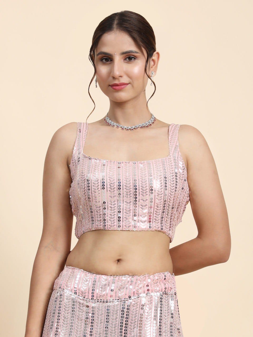 Peach Color Heavy Sequins Georgette Bollywood Designer Lehenga Set