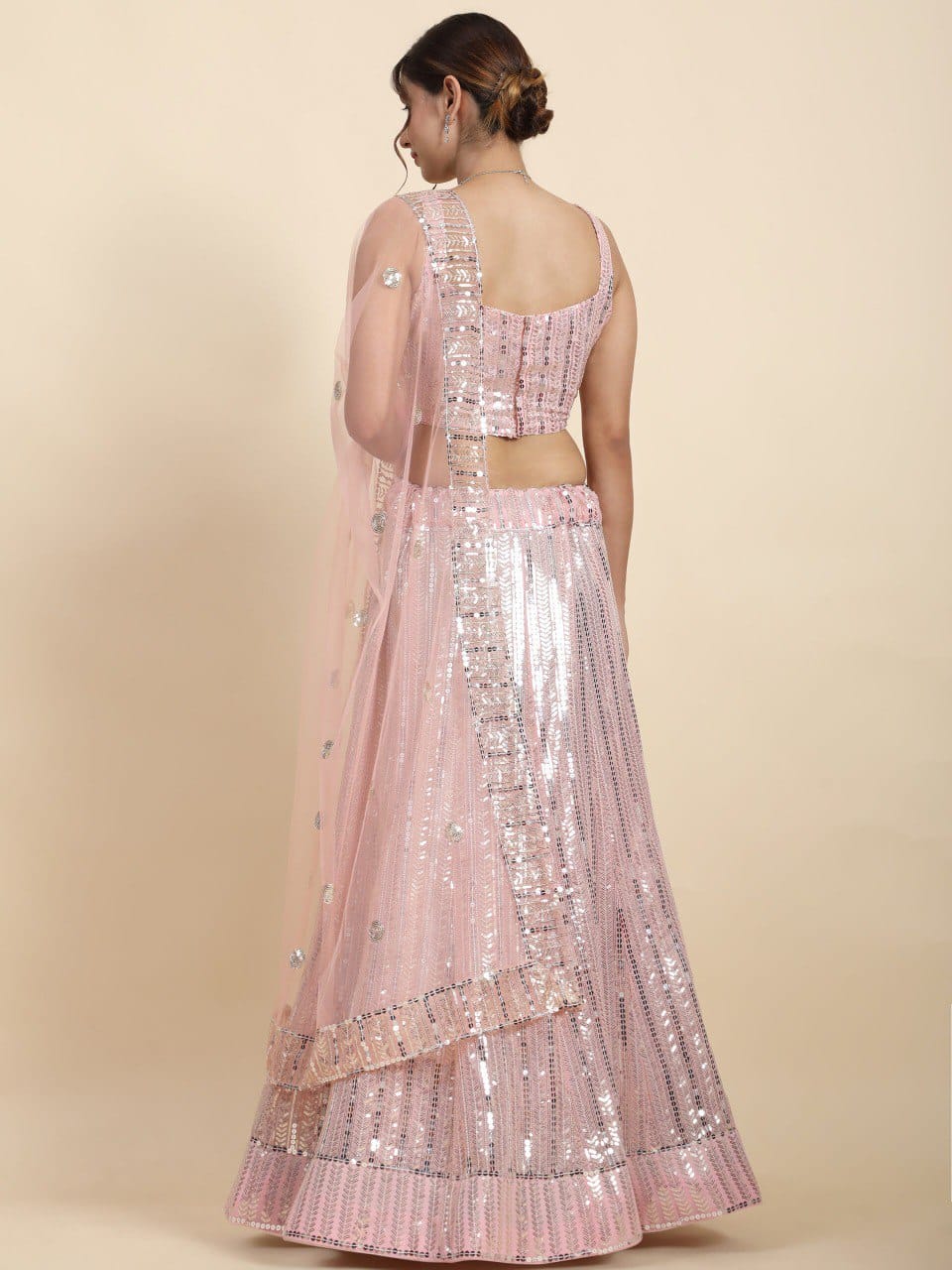 Peach Color Heavy Sequins Georgette Bollywood Designer Lehenga Set