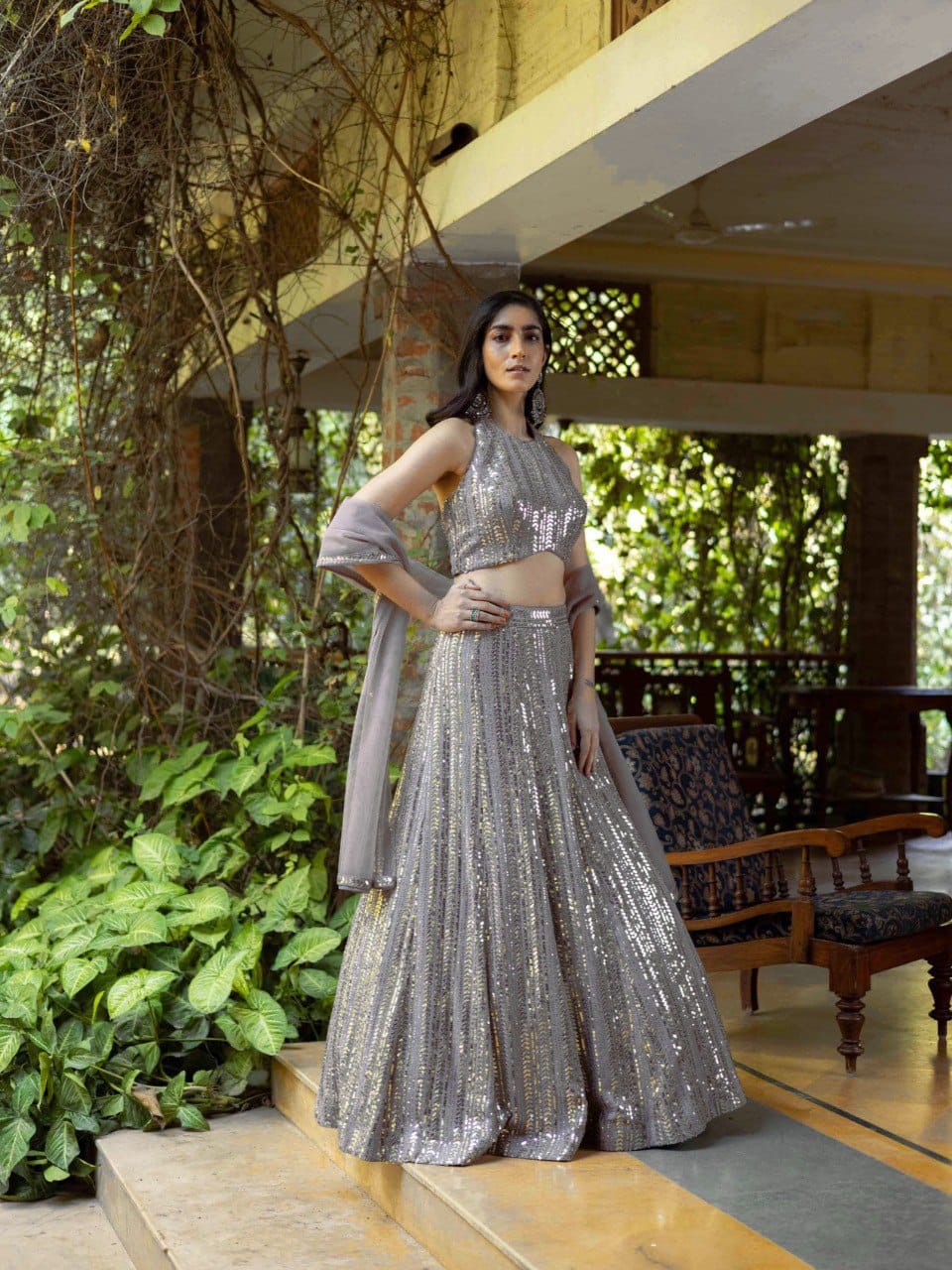 Gray Color Heavy Sequins Georgette Bollywood Designer Lehenga Set
