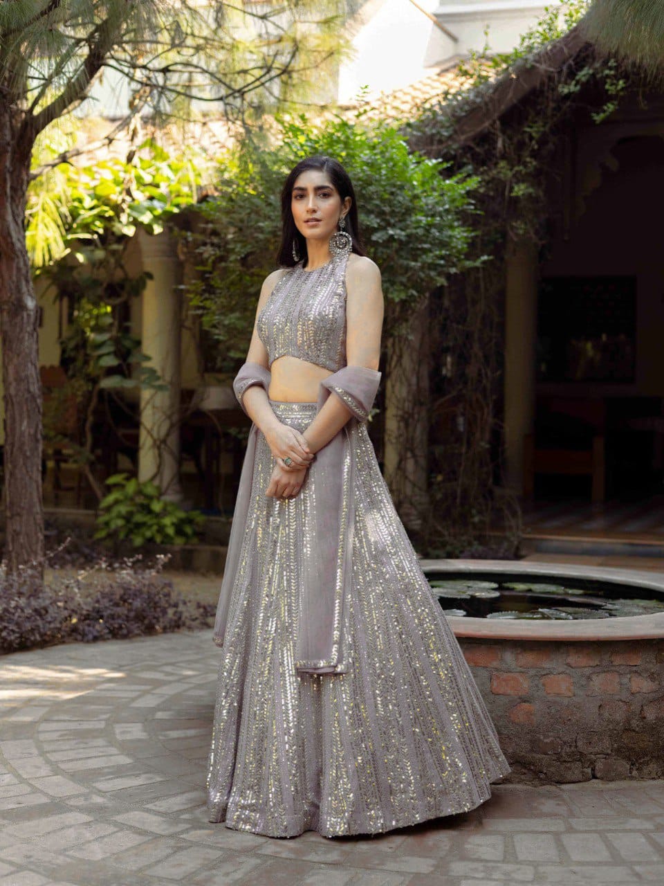 Gray Color Heavy Sequins Georgette Bollywood Designer Lehenga Set
