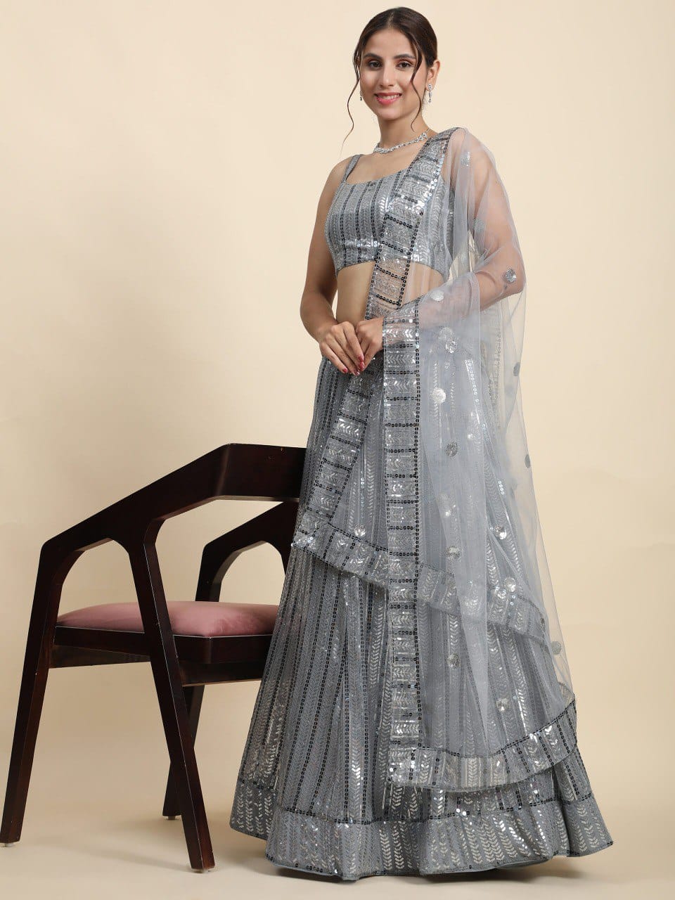 Gray Color Heavy Sequins Georgette Bollywood Designer Lehenga Set