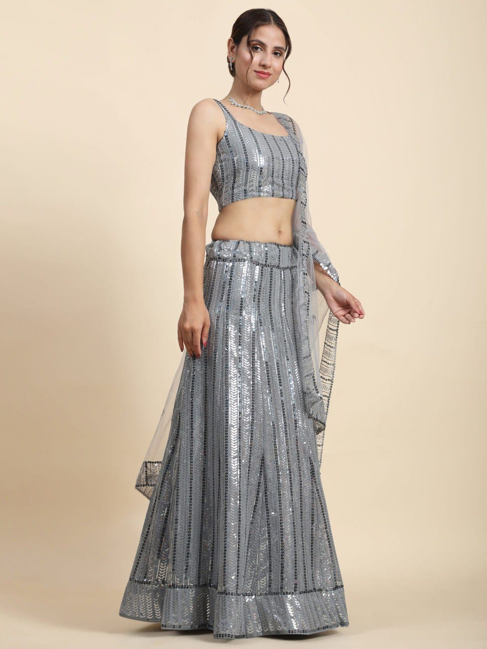 Gray Color Heavy Sequins Georgette Bollywood Designer Lehenga Set