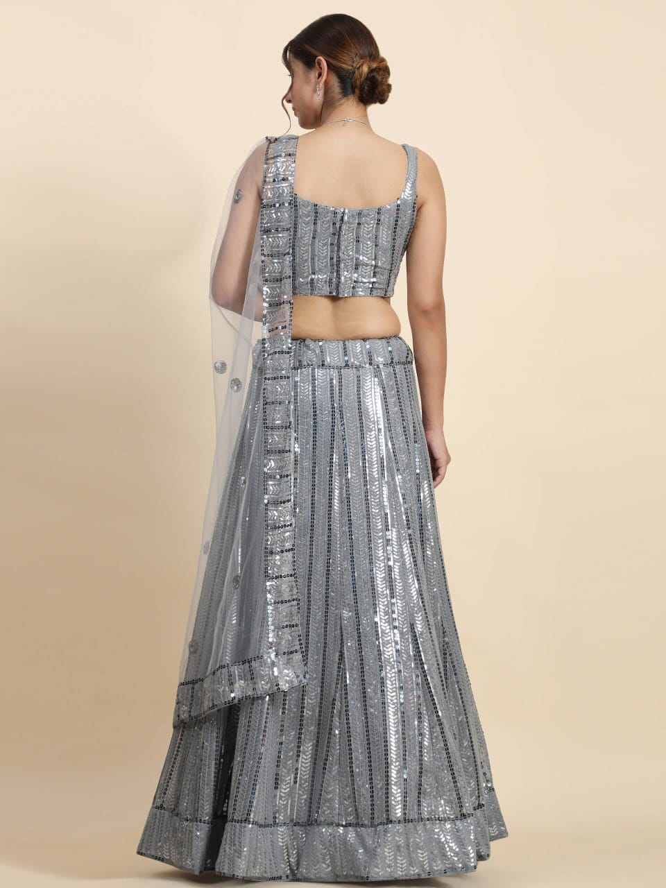 Gray Color Heavy Sequins Georgette Bollywood Designer Lehenga Set
