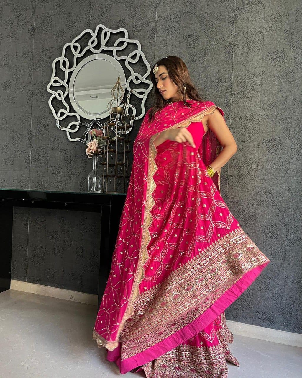 Pink Color Heavy Sequins  Embroidery Work Designer Lehenga